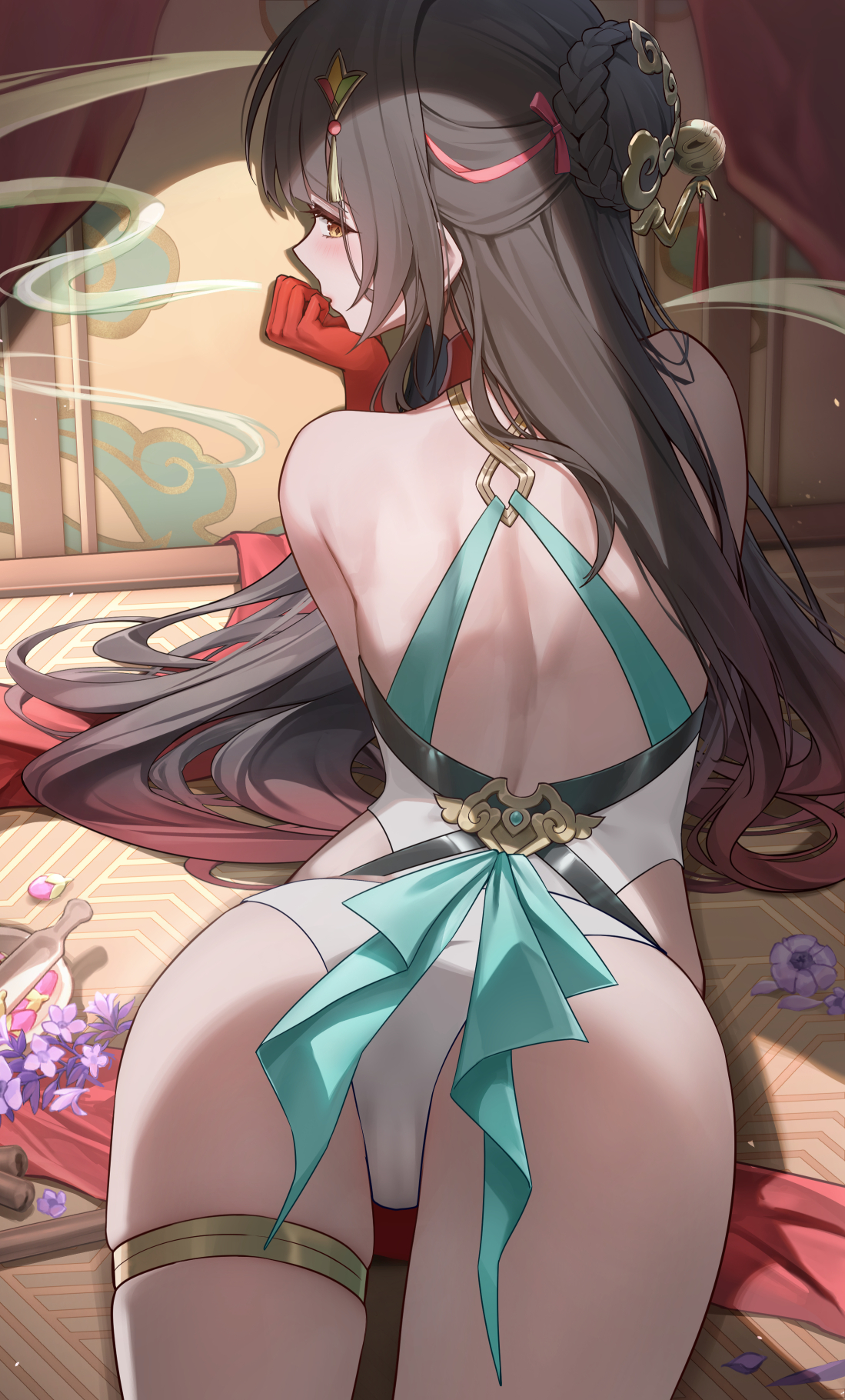 1girls, ass, ass focus, bare back, black hair, brown eyes, female, hair on floor, honkai (series), honkai: star rail, hoyoverse, lingsha (honkai: star rail), long hair, lunacle, lying, lying on stomach, mihoyo, red hands, underwear, very long hair, white underwear