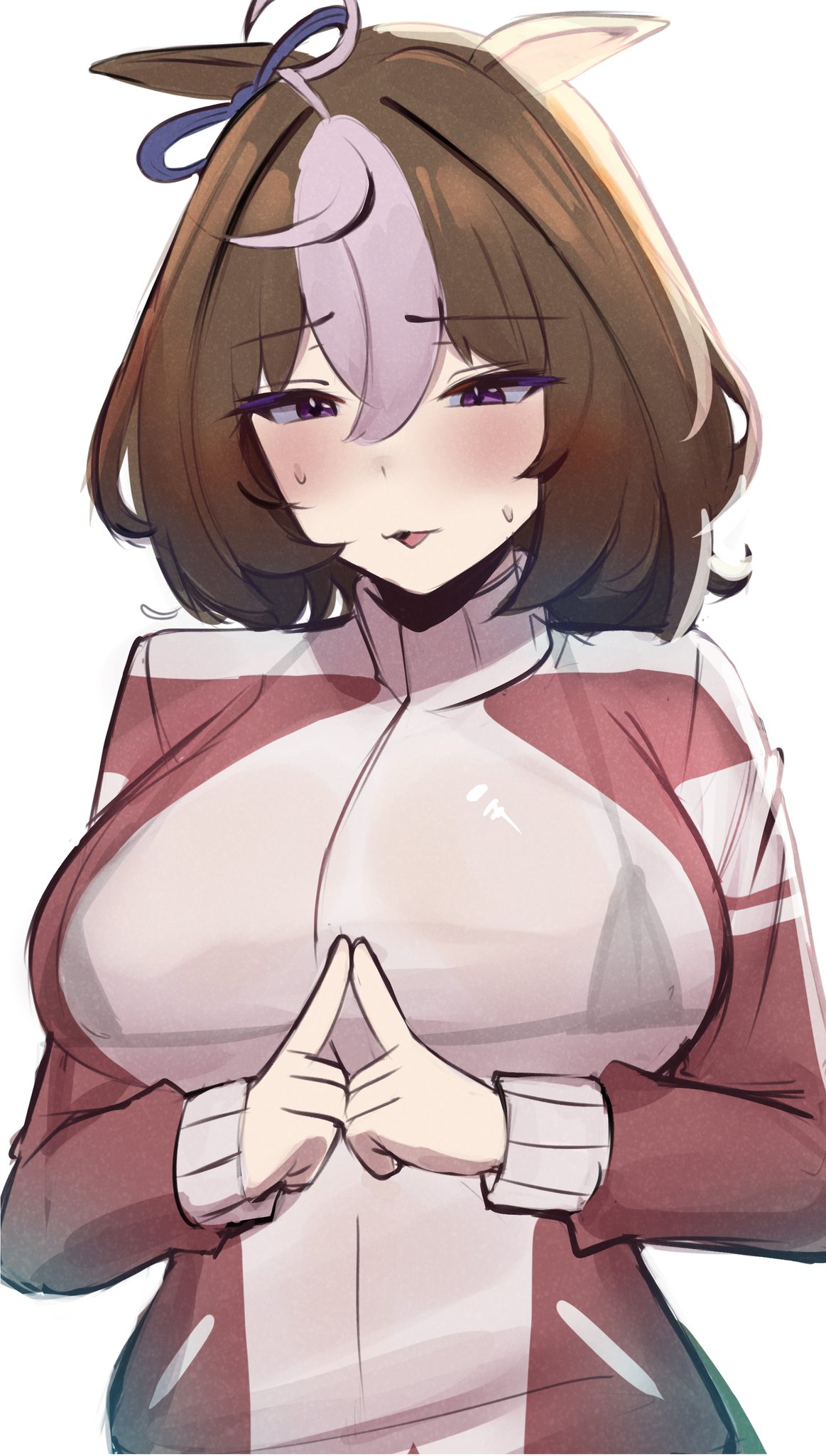 cygames, embarrassed, female, horse ears, horse girl, iog art, iog626, meisho doto (umamusume), see-through clothing, see-through shirt, sports uniform, sportswear, umamusume, umamusume pretty derby