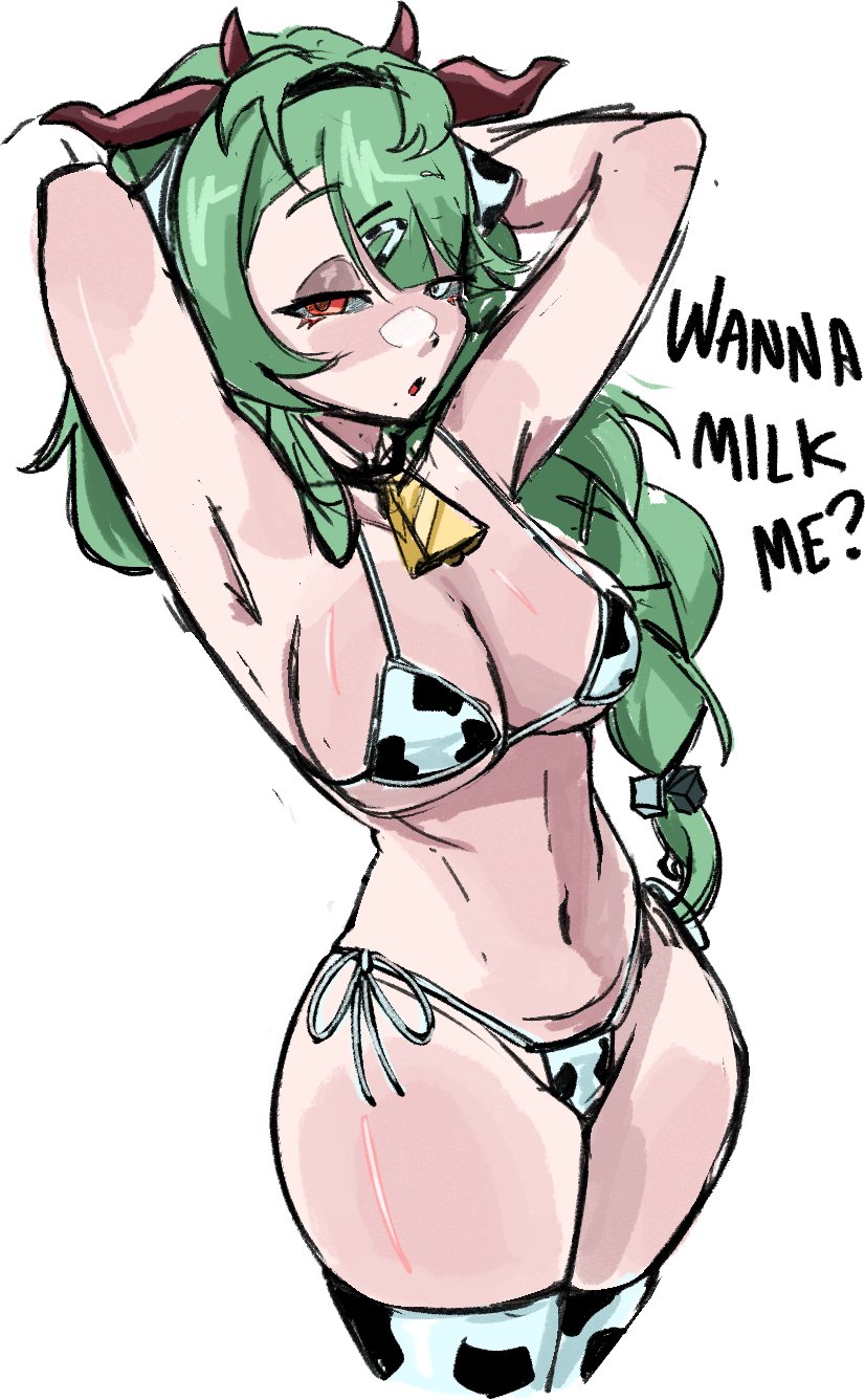 1girls, ajondc, ass, bell, bell collar, bikini, blue eyes, breasts, cleavage, collar, cow bell, cow bell collar, cow ears, cow girl, cow horns, cow print, cow print bikini, cowbell, cowkini, crelly, english text, female, female only, green hair, hairband, heterochromia, hips, horns, indie virtual youtuber, milkers, red eyes, revealing clothes, side ponytail, skimpy clothes, sole female, solo, solo female, text, thick thighs, thighhighs, thighs, virtual youtuber, vtuber