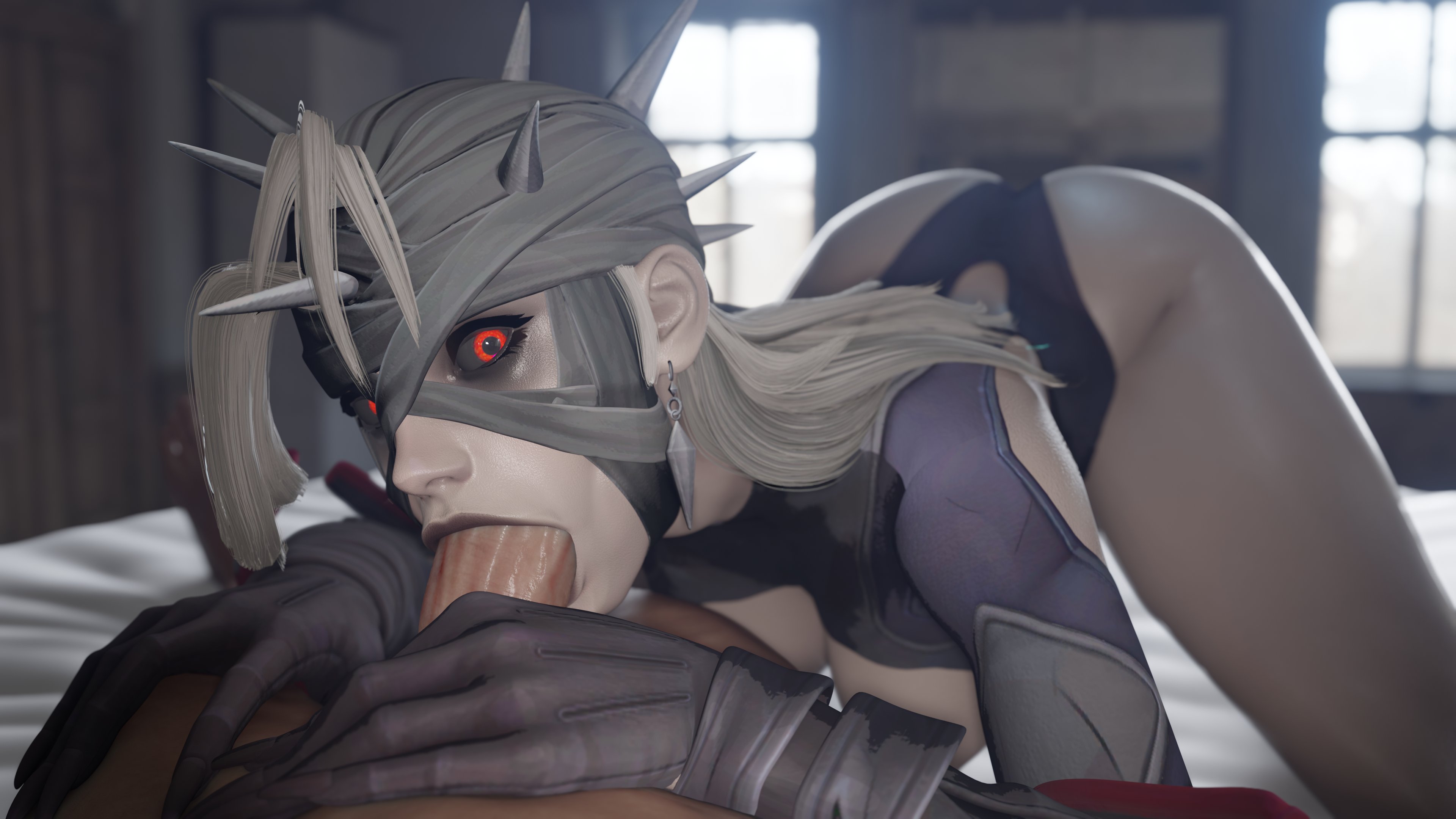 1boy, 1girls, 3d, big ass, black sclera, blowjob, covered face, emberstock, fellatio, female, invisible woman, invisible woman (marvel rivals), male, male pov, male/female, malice (marvel rivals), malice (marvel), marvel, marvel comics, marvel rivals, oral, pale skin, partial male, pov, red eyes, red iris, sue storm, white hair, white skin