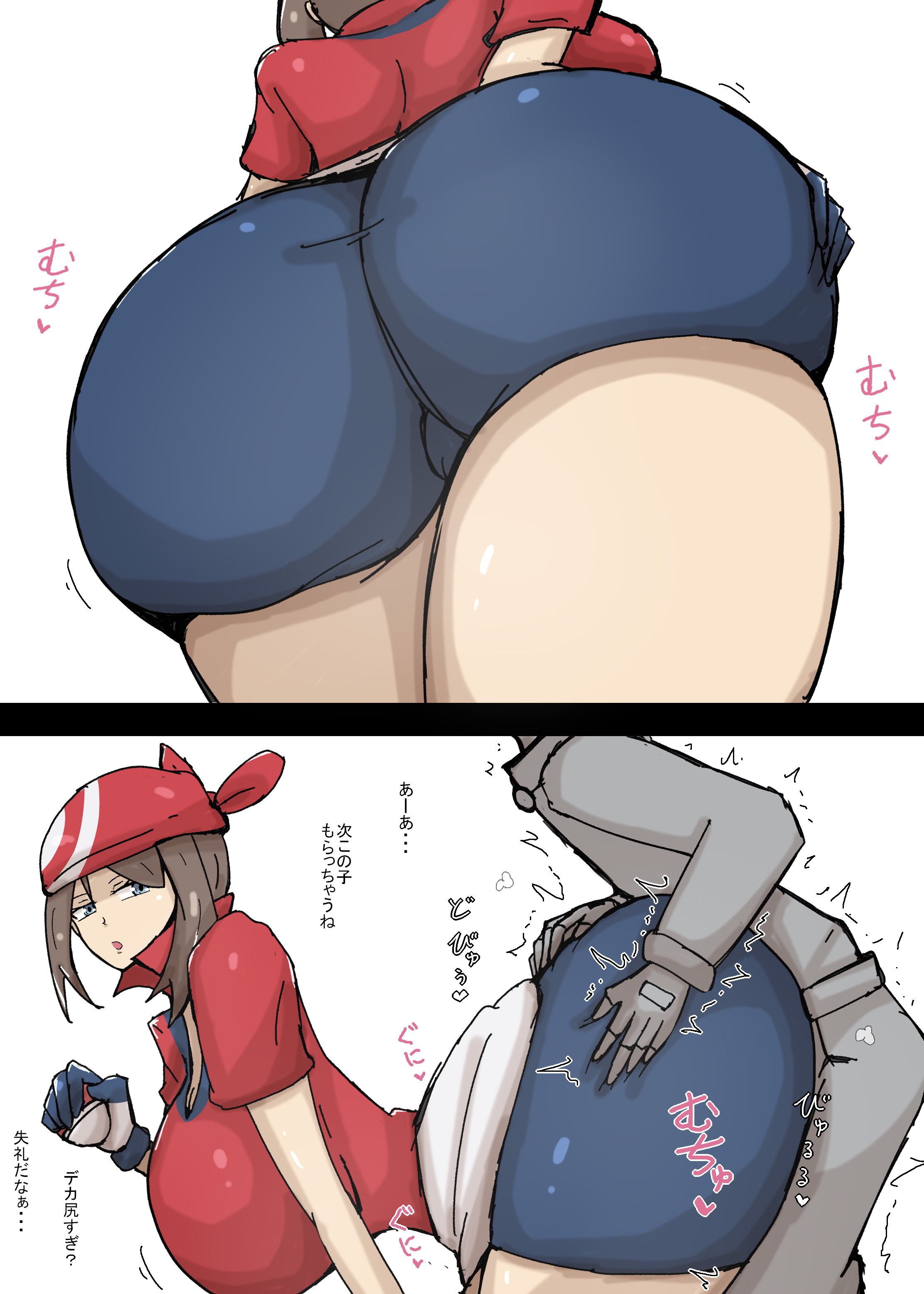 alternate ass size, alternate breast size, ass body, assjob, big ass, big breasts, brown hair, buttjob, covered buttjob, from behind, kazushige, large breasts, may (pokemon), may buttjob, nintendo, pokemon