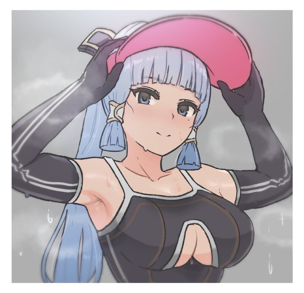 1girls, armpit, armpits, bangs, beauty mark, blue hair, blush, blushing, breasts, cap, closed mouth, closed mouth smile, dripping sweat, female, female only, genshin impact, gloves, hat, headwear, kamisato ayaka, long gloves, long hair, looking at viewer, mole under eye, ponytail, sleeves, smile, smiling, smiling at viewer, solo, solo female, solo focus, steam, steamy, sweat, sweating, sweaty, tied hair, underboob, valenthania