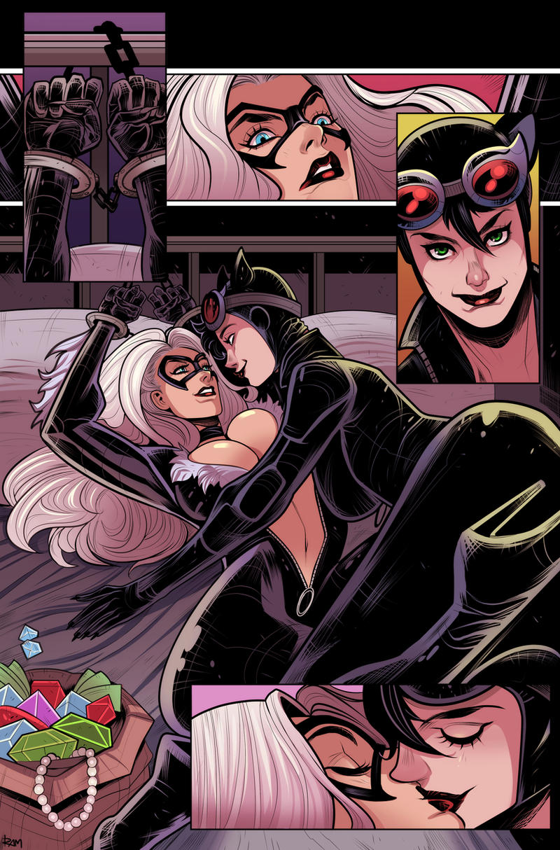 2025, 2girls, alluring, antiheroine, batman (series), big breasts, bisexual, bisexual female, black cat (marvel), black hair, blue eyes, bodysuit, bound, bound to bed, bound wrists, breasts, bursting breasts, cat ears, catwoman, choker, closed eyes, collar, color, colored, crossover, curvaceous, curvaceous body, curvaceous female, curvaceous figure, curvaceous hips, curvy, curvy body, curvy female, curvy figure, curvy hips, dc, dc comics, dc vs. marvel, diamonds, enticing, eyelashes, felicia hardy, female, green eyes, handcuff, handcuffed, handcuffed female, handcuffed to bed, handcuffs, hips, hourglass figure, huge breasts, kissing, large breasts, light skin, light-skinned female, long hair, marvel, marvel comics, mask, masked, masked female, massive breasts, money bag, necklace, pearl necklace, pinup, ramartwork, red lipstick, restrained, restrained wrists, seducing, seductive, seductive look, selina kyle, shiny, shiny breasts, shiny clothes, shiny skin, short hair, skin tight, smile, smiling, smiling at partner, spider-man (series), superheroine, teasing, temptation, tempting, thick, thick breasts, thick hips, thick thighs, thief, tight clothes, tight clothing, unzipped, unzipped bodysuit, voluptuous, voluptuous female, white hair, wide hips, yuri, zipper, zipper pull tab