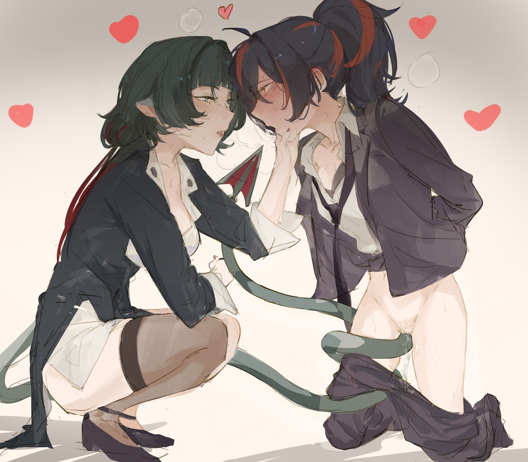 2girls, blush, blushing, chin grab, crouching, dark hair, dripping wet, female, female on female, hamothy, heart symbol, hearts, jane doe (zenless zone zero), lesbian sex, lesbians, masturbating, masturbating other, masturbating with tail, masturbation, pants down, peak art, red hair stripe, stockings, tagme, tail, thigh highs, tie, wholesome, yuri, zenless zone zero, zhu yuan