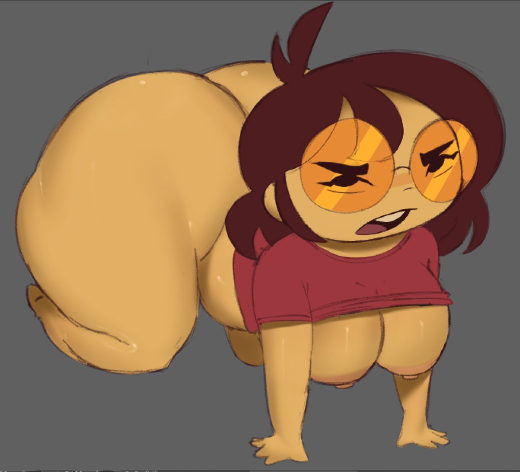 1girls, ahoge, areolae, boobs, boss (thelittlenerdys), breasts, brown hair, fat ass, female, glasses, mamasoyanini, nerd, nerdy, nerdy female, nipples, on knees, orange glasses, partially clothed, shirt up, shortstack, simple background, thick thighs, thighs, twitter user sona