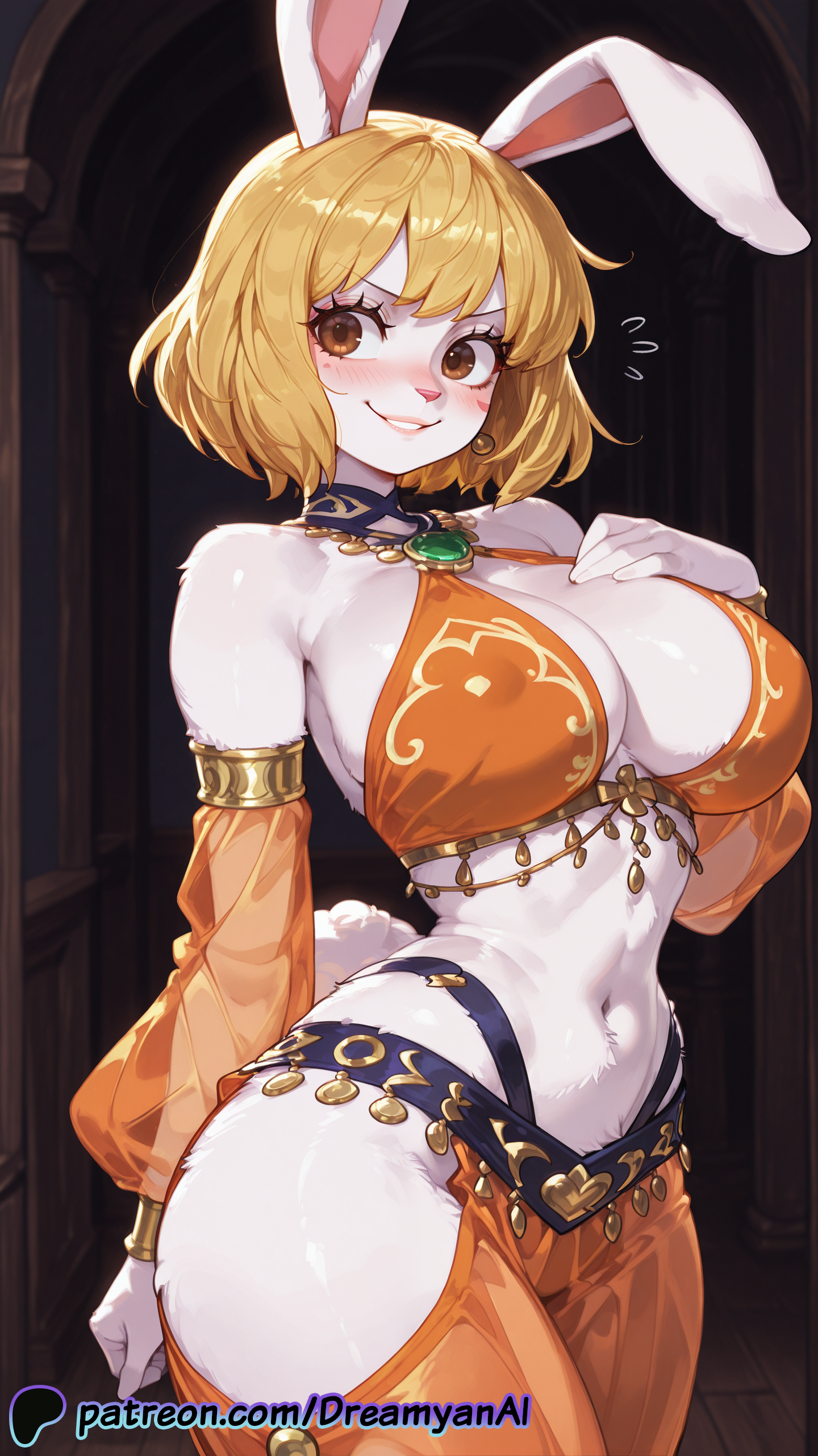 1girls, ai generated, animal ears, big breasts, blonde female, blonde hair, blush, breasts, brown eyes, bunny girl, carrot (one piece), dancer, dreamyan ai, embarrassed, female, female only, flustered, fur, furry, furry female, harem outfit, hi res, high quality, high resolution, highres, one piece, rabbit ears, rabbit girl, short hair, smile, smiling, thick ass, thick thighs, thighs, uncensored, white body, white fur