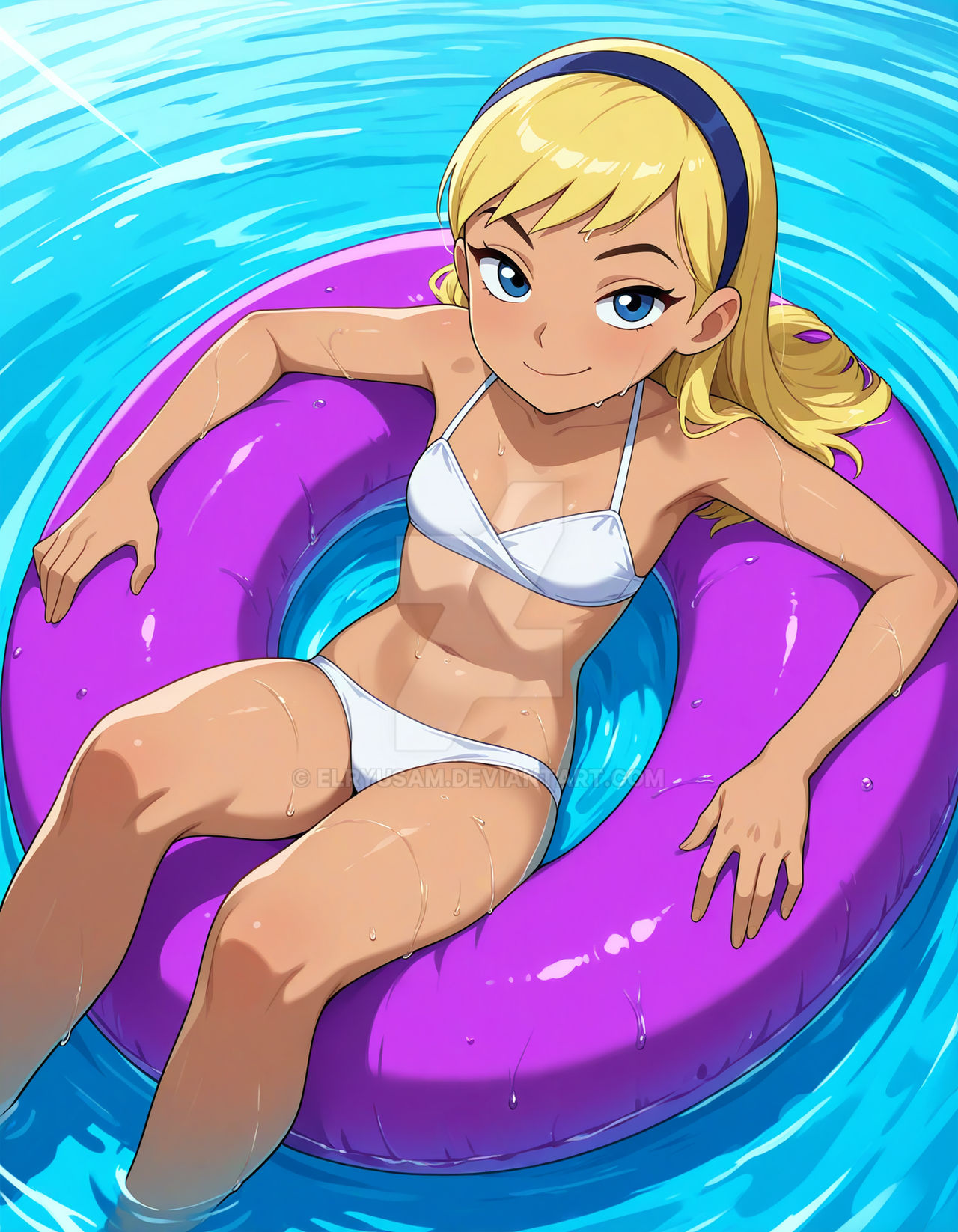 2025, ai generated, blonde girl, blonde-haired female, cartoon network, deviantart, elryusam, female, female only, grinning at viewer, kitten (teen titans), lake, looking at viewer, pool tube, solo, teen titans, warner bros. animation, water background, wet body, wet head, white bikini