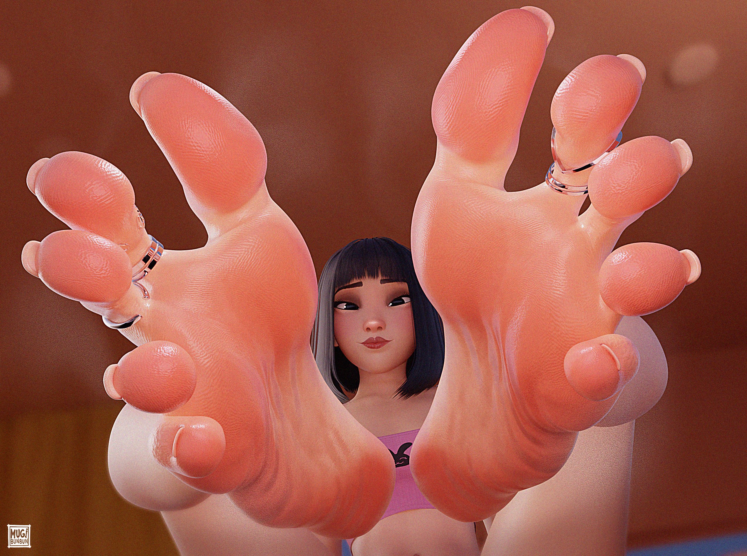 3d, black hair, bottomless, close-up, feet, feet fetish, feet focus, feet up, foot fetish, foot focus, long nails, looking at viewer, mugibunbun, spread toes, toe ring