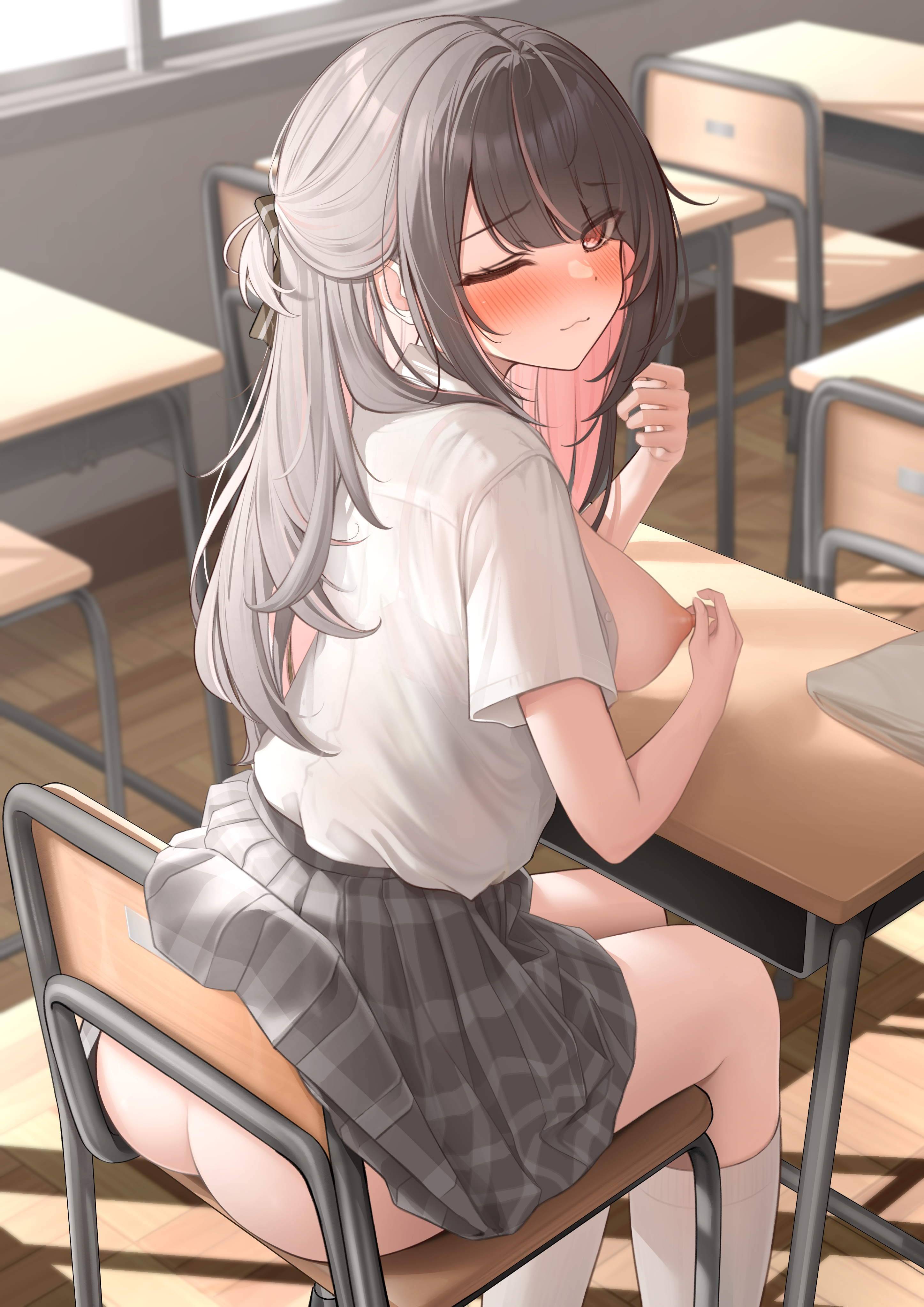 ;3, ass, black hair, blush, breasts, breasts out, chair, classroom, colored inner hair, desk, eyes visible through hair, female, grey skirt, hand up, highres, imouto-chan (monaka curl), indoors, large breasts, looking at viewer, looking back, monaka curl, multicolored hair, nipples, no panties, open shirt, original, pink hair, plaid clothes, plaid skirt, red eyes, school desk, school uniform, shirt, shirt tucked in, short sleeves, sitting, skirt, smile, socks, solo, two-tone hair, white shirt, white socks