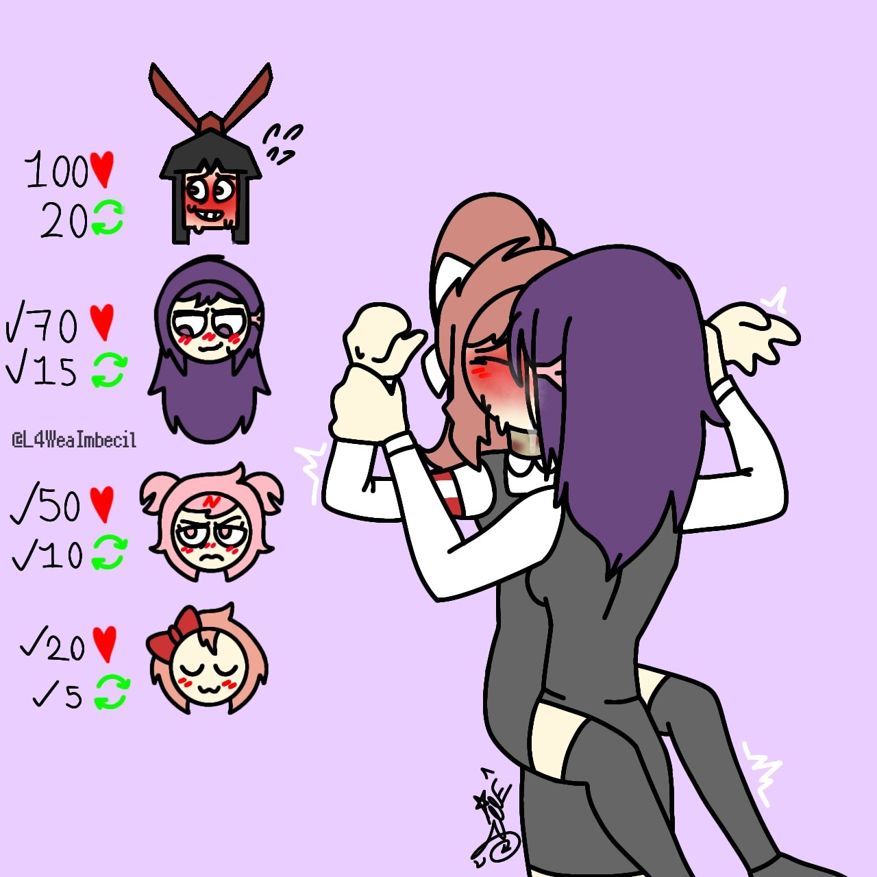 2girls, blush, blushing female, brown hair, closed eyes, doki doki literature club, female, female only, hickey, hickeys on neck, kissing, l4weaimbecil, legs around partner, lesbian kiss, monica (the p-club), monika (doki doki literature club), multiple girls, natacha (the p-club), natsuki (doki doki literature club), pink hair ornament, purple hair, saori (the p-club), sayori (doki doki literature club), sweating, the p-club, twitch lines, twitter username, vanny (the p-club), white ribbon, yasuri (the p-club), yuri, yuri (doki doki literature club)