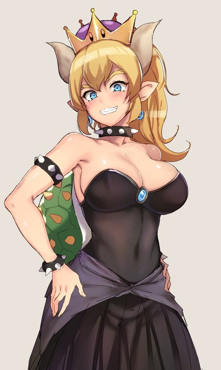 big breasts, black dress, blonde hair, blue eyes, bowsette, breasts, covering breasts, female, hands on hips, mario (series), nintendo, sharp teeth, smiling, super mario bros., tagme