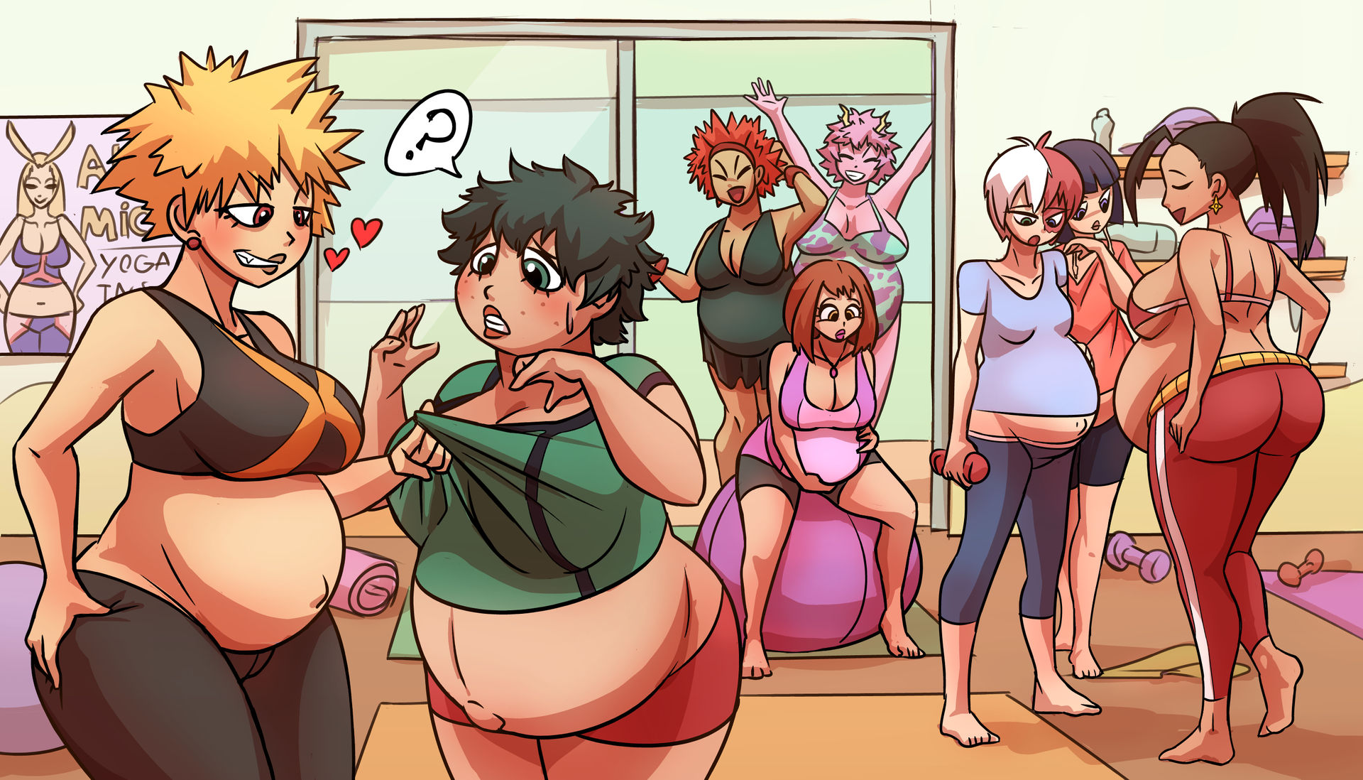 8girls, aged up, bakugou katsuki, black hair, blonde hair, breasts, davteg, female, female bakugou, female deku, female only, female todoroki, genderswap, genderswap (mtf), green hair, gym, izuku midoriya, jirou kyouka, kirishima eijirou, kyoka jiro, large breasts, long hair, milf, milfification, mina ashido, momo yaoyorozu, multiple females, multiple girls, my hero academia, ochako uraraka, pink hair, pregnant, pregnant belly, pregnant female, reality warping, red hair, rule 63, short hair, shouto todoroki, super belly, unaware, weights, white hair, yoga, yoga ball, yoga pants
