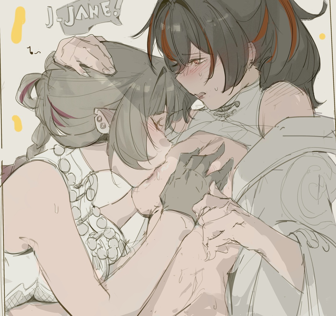 2girls, blush, blushing, breast grab, breast grope, breast sucking, breasts, closed eyes, clothed female, earrings, english text, female, female on female, gloves, hamothy, jane doe (zenless zone zero), large breasts, lesbian sex, lesbians, necklace, tagme, yuri, zenless zone zero, zhu yuan