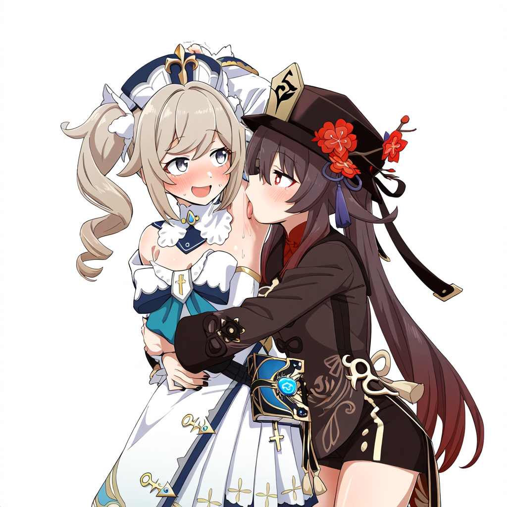 2girls, ai generated, armpit licking, armpits, barbara (genshin impact), blonde hair, blue eyes, blush, book, breasts, brown eyes, brown hair, drill hair, female, genshin impact, hat, hu tao (genshin impact), licking, medium breasts, skirt, skysnow2, symbol-shaped pupils, twintails, waist grab, yuri