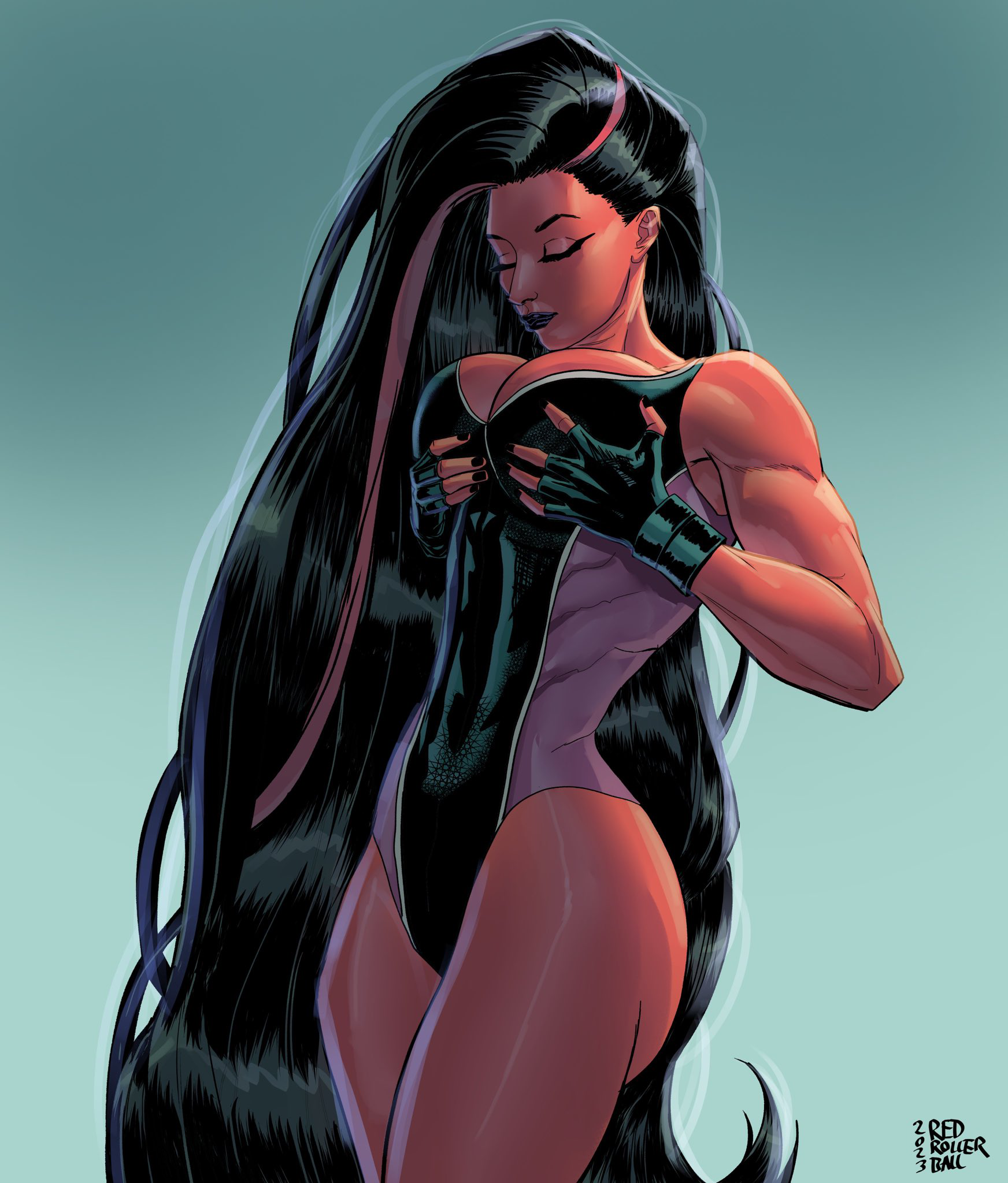 betty ross, black hair, breasts, breedable tits, female, fingerless gloves, holding own breasts, large breasts, long hair, marvel, marvel comics, muscular, muscular female, red she-hulk, red skin, red streak, redrollerball, shiny hair, silky hair, straight hair, streaked hair, superhero costume, superheroine, wide hips