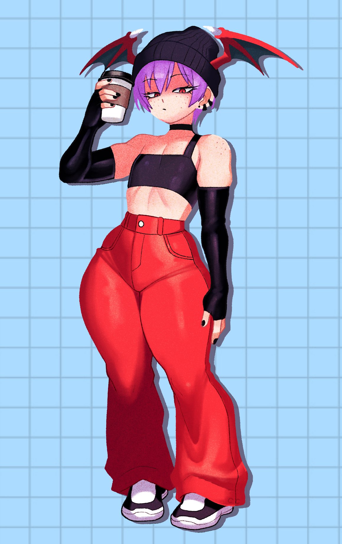 1girls, armwear, bottom heavy, breasts, capcom, champchidi, clothing, coffee, darkstalkers, drink, earrings, emo, female, female focus, female only, flat chest, goth, hat, lilith aensland, looking at viewer, painted nails, pants, purple hair, red eyes, short hair, small breasts, solo, solo female, solo focus, succubus, thick, thick thighs, very short hair
