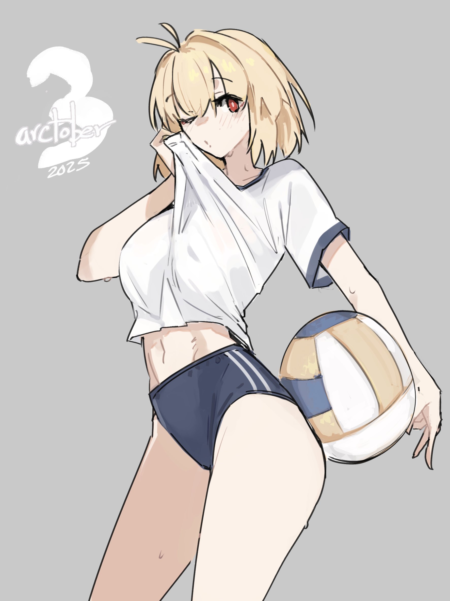 arcueid brunestud, ball, blonde hair, blue buruma, breasts, buruma, clothes lift, cowboy shot, female, grey background, highres, holding, holding ball, jonyeld, large breasts, navel, red eyes, shirt, shirt lift, short hair, simple background, solo, sweat, tsukihime, tsukihime (remake), volleyball, white shirt