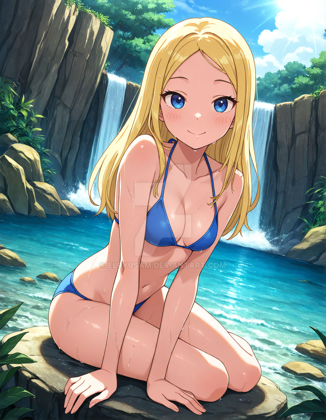 2025, ai generated, belly, blonde female, blonde-haired female, blue bikini, blush, blush lines, cartoon network, deviantart, elryusam, female, forest background, looking at viewer, sitting on rock, smile at viewer, smiling at viewer, solo, teen titans, terra (dc), tummy, warner bros. animation, waterfall, wet body, wet bra, wet head