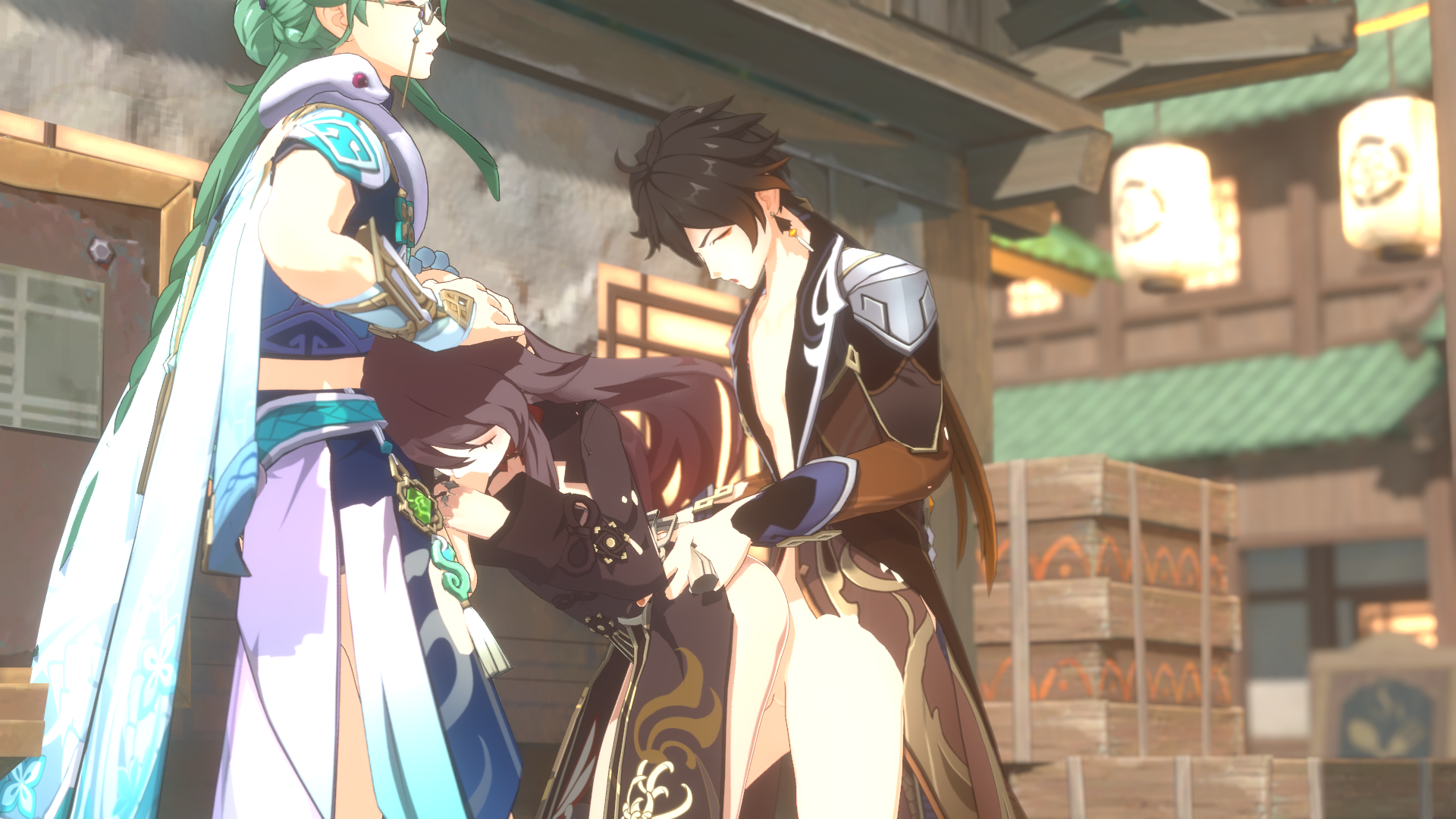 1girls, 2boys, 3d, ass, baizhu (genshin impact), bent over, black nails, blowjob, breasts, brown hair, closed eyes, fellatio, female, genshin impact, grabbing penis, green hair, hallway, holding head, holding penis, holding waist, hu tao (genshin impact), male, mmf threesome, multiple males, multiple penises, outdoor nudity, outdoors, partially nude, penis, petite, pleasure face, public, pushing head, rings, sansonnsfw, small breasts, spitroast, standing, standing doggy style, standing sex, standing spitroast, sucking penis, threesome, town, zhongli (genshin impact)