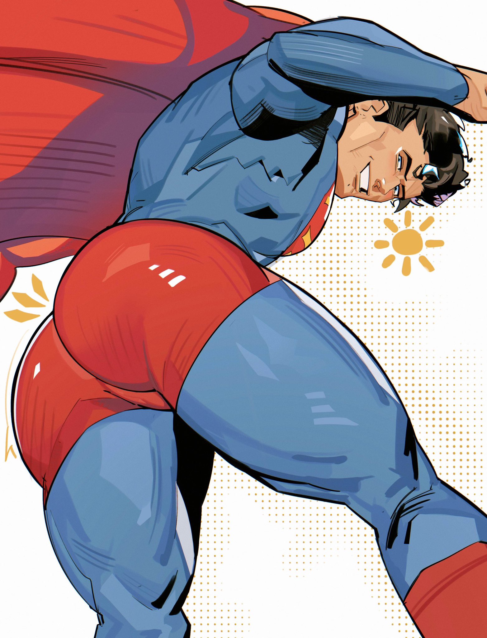 1boy, ass, big ass, big butt, black hair, blue eyes, bubble ass, bubble butt, cape, clark kent, clothed, clothed male, dc, dc comics, gay, hair strand, huge ass, huge butt, jaxcian, justice league, looking at viewer, looking back, looking down, looking down at viewer, male, male only, muscular, muscular male, muscular thighs, red cape, red underwear, shiny ass, shiny butt, smile, smiling, smiling at viewer, solo, superhero, superhero costume, superman, superman (series), underwear