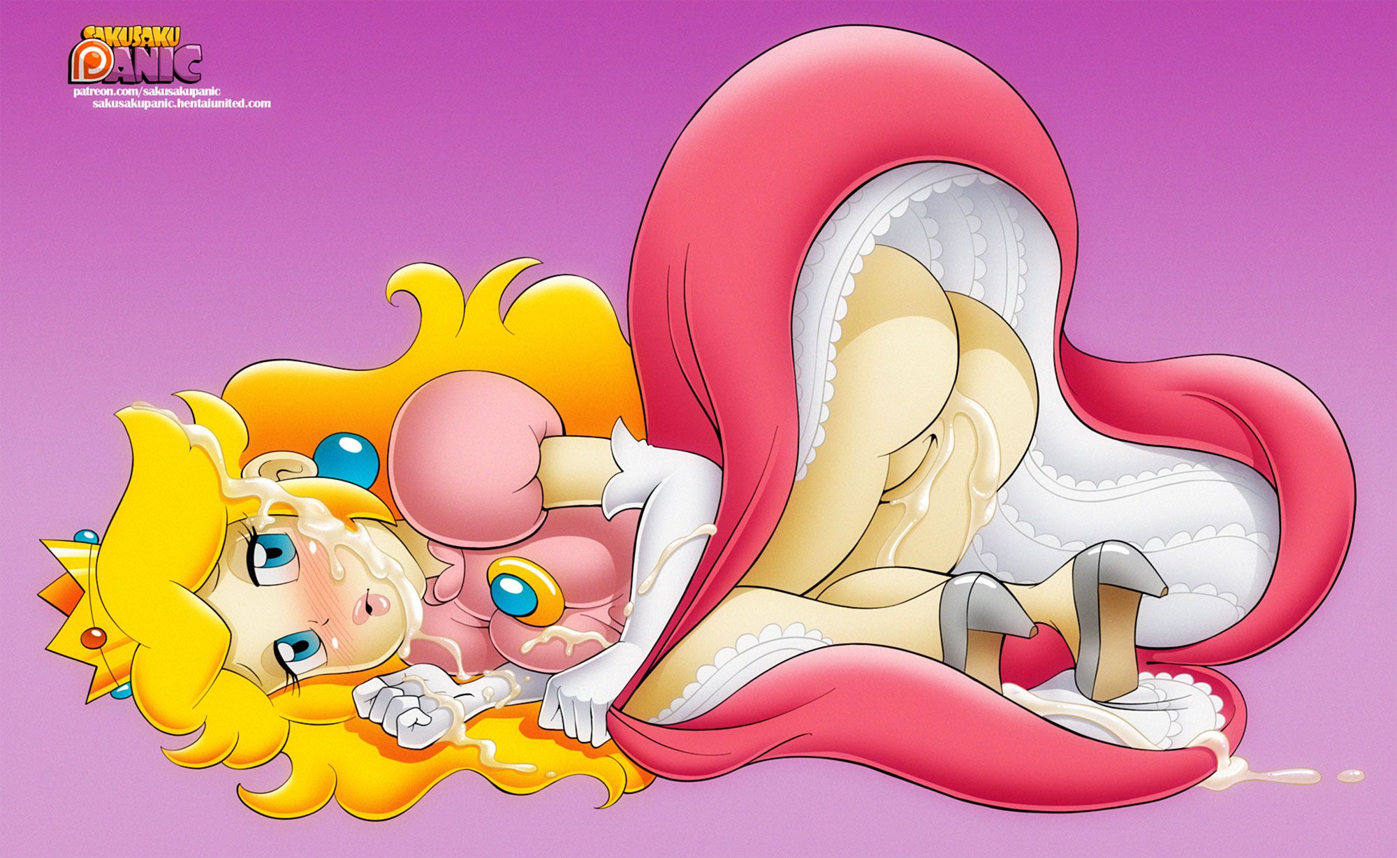 1girls, 2018, anus, artist name, ass, bent over, blonde hair, blue eyes, blush, bottomless, brooch, crown, cum, cum in ass, cum in pussy, cum inside, cum on body, cum on clothes, cum on face, dress, earrings, excessive cum, eyelashes, female, female focus, female only, hair, heels, highres, innie pussy, lipstick, mario (series), nintendo, no panties, patreon, princess peach, pussy, pussy juice, pussy juice drip, pussy lips, royalty, sakurakasugano, solo, solo focus, vagina, web address