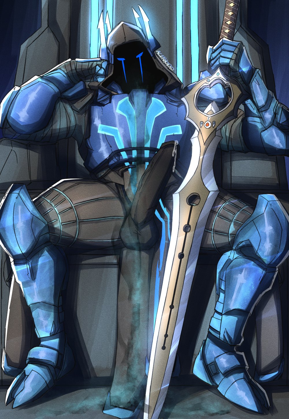 acekhoexo, armored, armored male, artist logo, artist name, artist signature, erect penis, erection, fortnite, fortnite: battle royale, gay, ice king, ice king (fortnite), male, muscular, muscular male, penis, precum, precum drip, precum on penis, precum string, sitting, sitting on throne, sword, tagme, throne