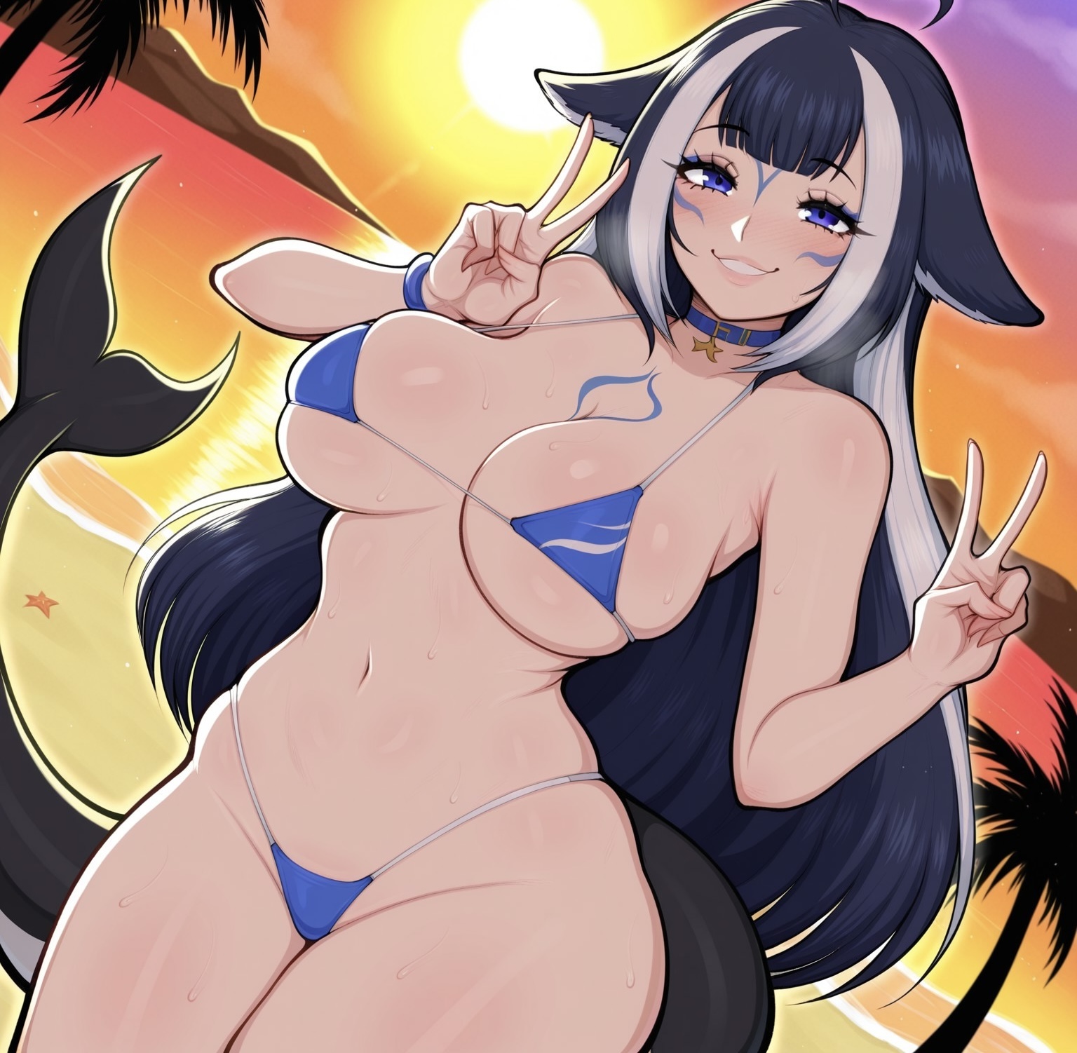 1girls, ai generated, beach, big ass, big breasts, bikini, bikini bottom, bikini top, blue hair, body markings, breasts, choker, civitai, dug-lith-pls, face markings, face tattoo, fat ass, female, large breasts, micro bikini, orca girl, palm tree, peace sign, sand, sea, seaside, shylily, smile, solo, solo female, solo focus, sun, tail, tattoo, tattoos, thick thighs, twitch, twitch.tv, two-tone hair, v sign, virtual youtuber, vtuber, vtubers, white hair, youtuber