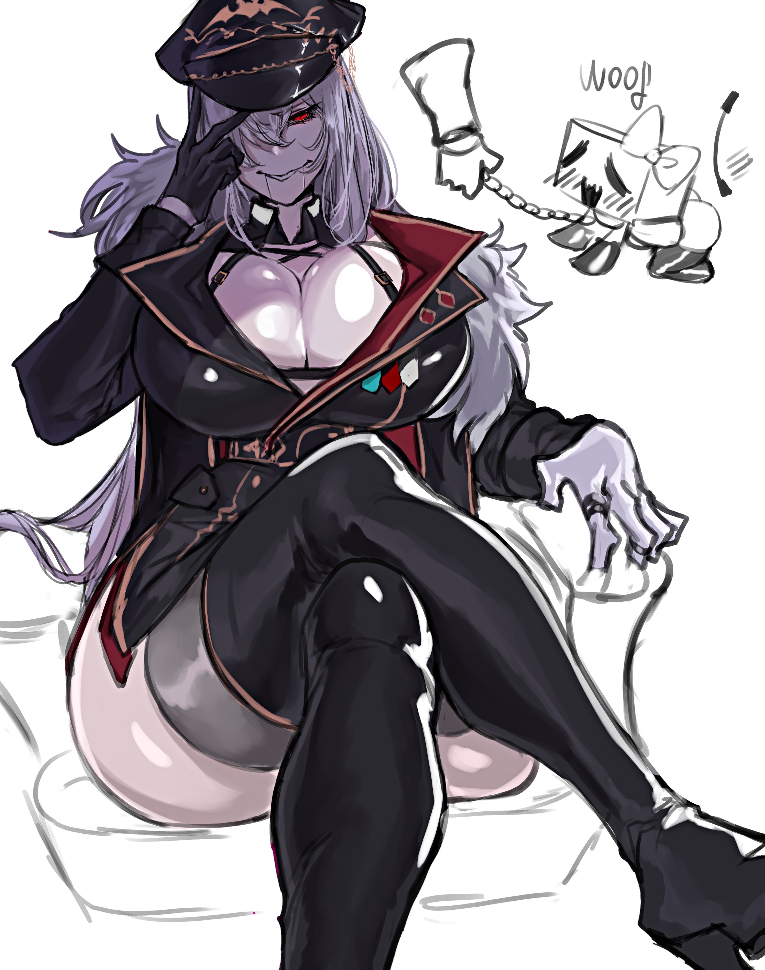 barking, big breasts, big thighs, blockheads (porcelainmaid), boobs bigger than head, breast squeeze, breasts, breasts bigger than head, breasts bursting out, doll, doll joints, fat ass, gothic, gothic lolita, gripping, huge breasts, indie virtual youtuber, jaz wispsings, living doll, looking at viewer, male, marionette, military, military hat, military uniform, monster girl, petplay, porcelainmaid, puppet, sadistic, streamer, thick thighs, twitch.tv, virtual youtuber, vtuber, whip, white hair