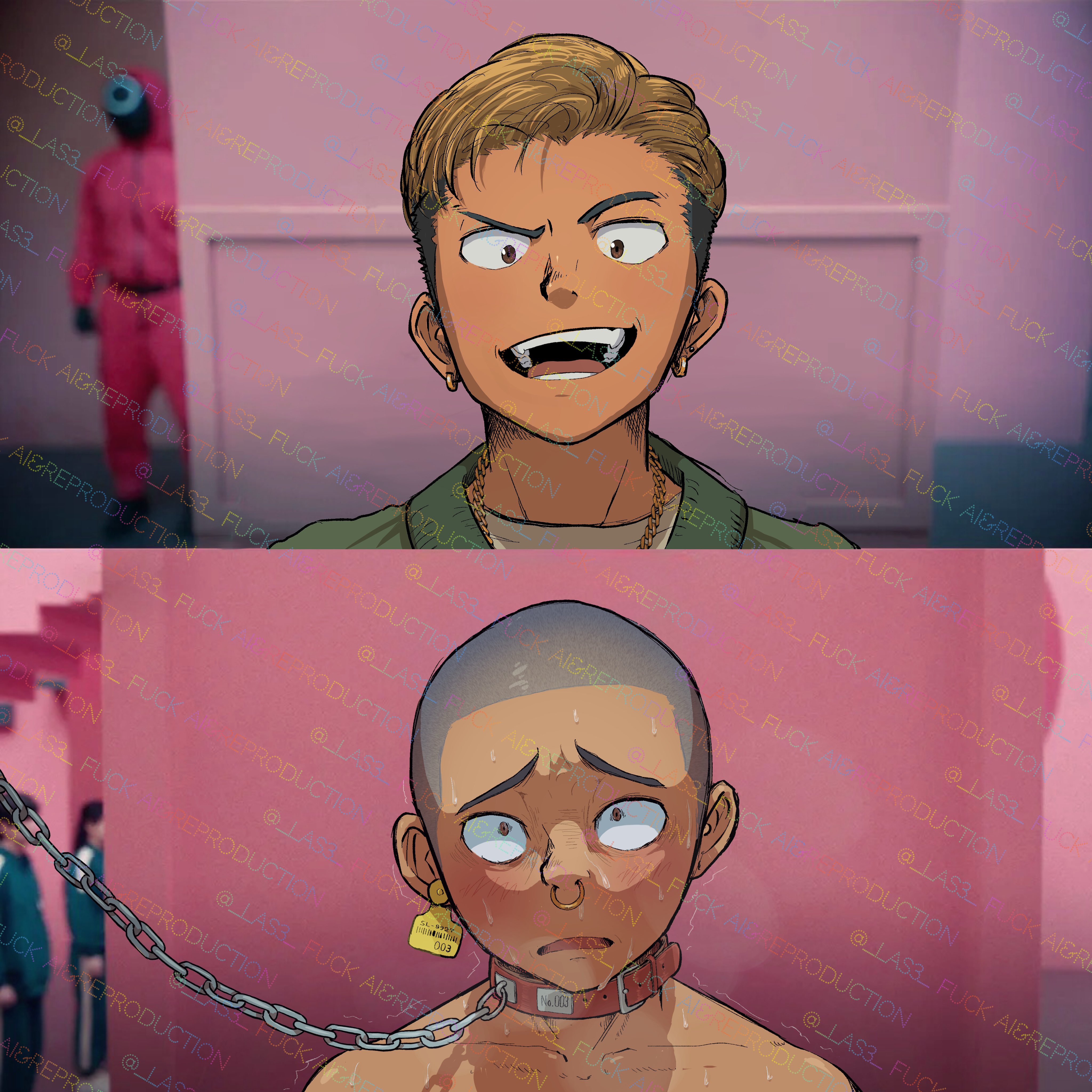2d, bald, bald male, balding, before and after, before transformation, branding, branding mark, collar, color, colored, dominant, dominant male, domination, domination loss, gay, gay male, haircut, humiliation, las (las72), male, male only, mind break, nose piercing, original, original character, pierced ears, pierced nose, piercing, shaved head, slave, squid game, submissive, submissive male, transformation, yaoi