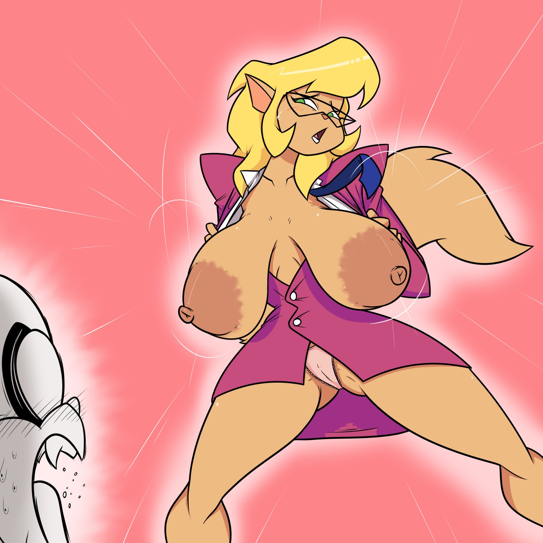 anthro, areolae, areolar amelanism, big breasts, blonde hair, breasts, callie briggs, feline, female, female focus, flashing, flashing breasts, glasses, large areolae, male, nipples, pantyshot, presenting breasts, sagging breasts, shocked, suit, suit and tie, super fuck friends, surprised expression, swat kats, terrible the drawfag