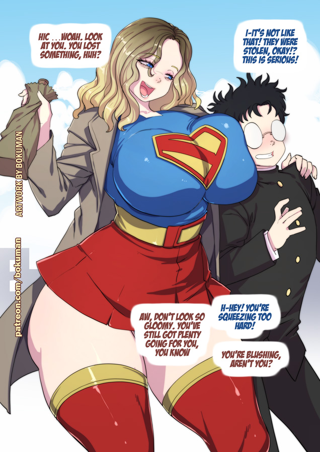 1boy, 1girls, big breasts, black hair, blonde hair, blue eyes, bokuman, breasts, breasts bigger than head, coat, crossover, dandadan, dc, dc comics, dcu, eastern and western character, female, female humiliation, huge breasts, large breasts, male, milly alcock, supergirl, supergirl (dcu), superman (2025), superman (series), takakura ken (okarun)