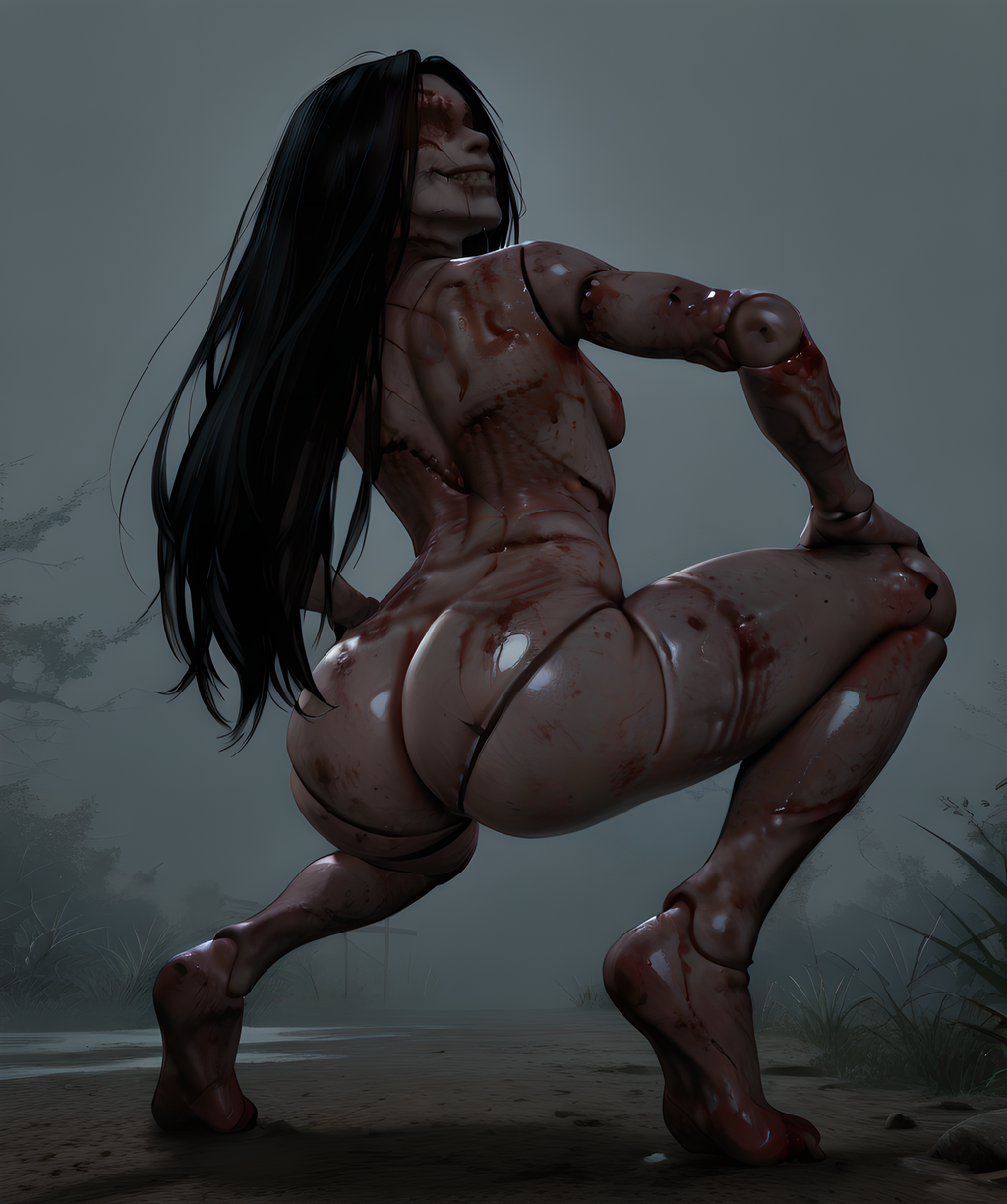 ai generated, ass, female, full body, kashimashi (silent hill), monster girl, nightmare fuel, nightmare waifu, silent hill, silent hill f, squatting, true might, wide hips