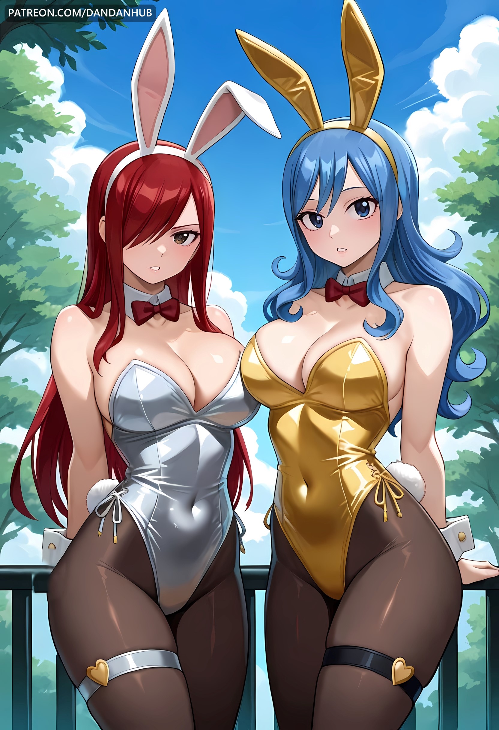 2girls, ai generated, alternate costume, animal ears, arms behind back, bangs, bare shoulders, blue eyes, blue hair, blue sky, blue-haired female, bow, bowtie, breasts, brown eyes, cleavage, cloud, collarbone, covered navel, dandanhub, day, detached collar, erza scarlet, fairy tail, fake animal ears, fake tail, female, female only, hair over one eye, highleg, highleg leotard, juvia lockser, large breasts, leotard, long hair, looking at viewer, multiple females, multiple girls, outdoors, pantyhose, parted lips, patreon username, rabbit ears, rabbit tail, railing, red bow, red bowtie, red hair, red-haired female, sky, strapless, strapless leotard, tail, thigh strap, tree, watermark, web address, white leotard, wrist cuffs, yellow leotard