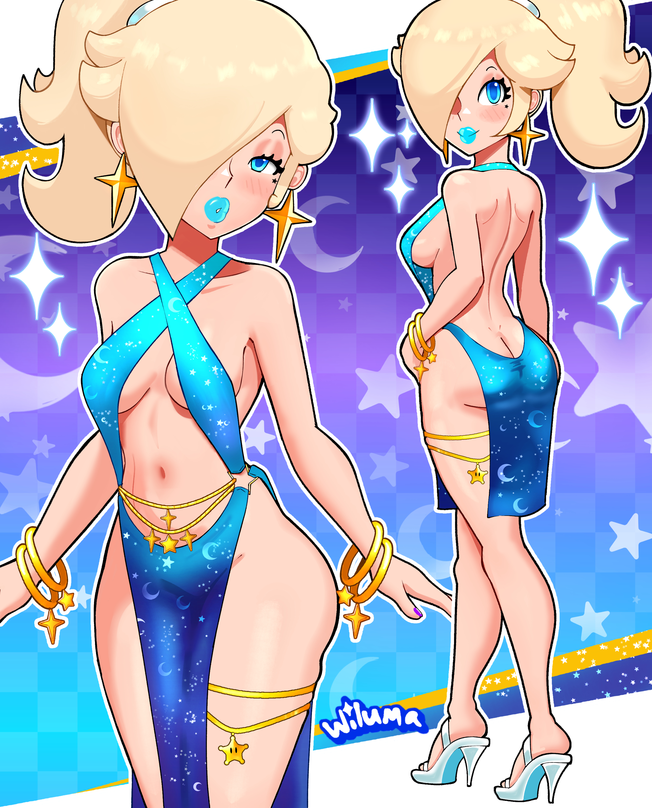 1girls, alternate version available, armwear, ass, big breasts, big lips, bimbo, bimbo lips, blonde hair, blue dress, blue eyes, blue lips, blue lipstick, blush, bracelet, bracelets, breasts, cleavage, close-up, clothing, dress, ear piercing, earrings, female, female only, footwear, full body, hair, hair over one eye, half-closed eyes, hand on hip, heels, high heels, hips, legs, lips, lipstick, looking back, makeup, mario (series), nail polish, nails, nintendo, painted fingernails, painted nails, parted lips, pelvic curtain, plump lips, ponytail, princess rosalina, purple nail polish, purple nails, revealing clothes, short dress, sideboob, smile, solo, solo female, sparkles, star earrings, thick lips, thigh strap, thighs, tied hair, wiluma