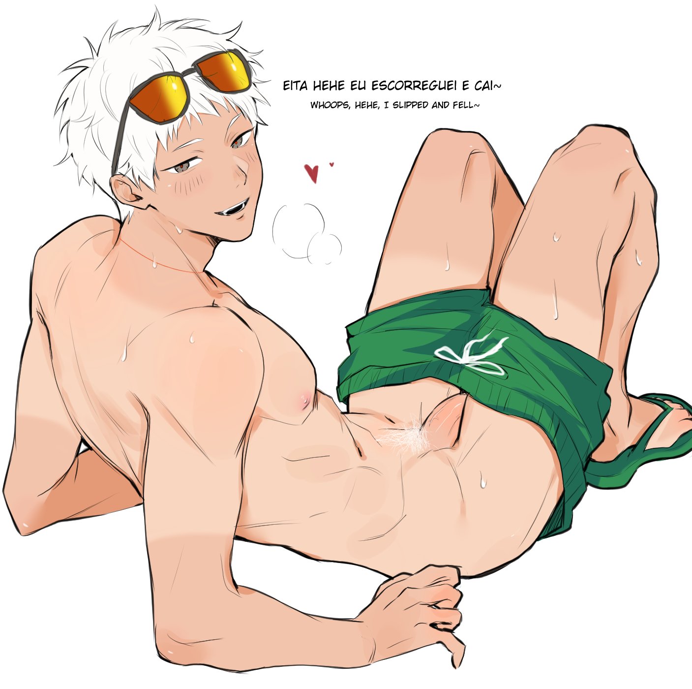 1boy, brazilian, flip flops, green clothing, green flip flops, green shoes, green shorts, half dressed, half naked, half nude, half-dressed, half-erect, hikaru ga shinda natsu, hikaru indou, indou hikaru, male, male focus, male only, male pubic hair, portuguese text, pubic hair, spenixthebig, sunglasses, sunglasses on forehead, sunglasses on head, sunglasses only, text, the summer hikaru died, white hair, white pubic hair