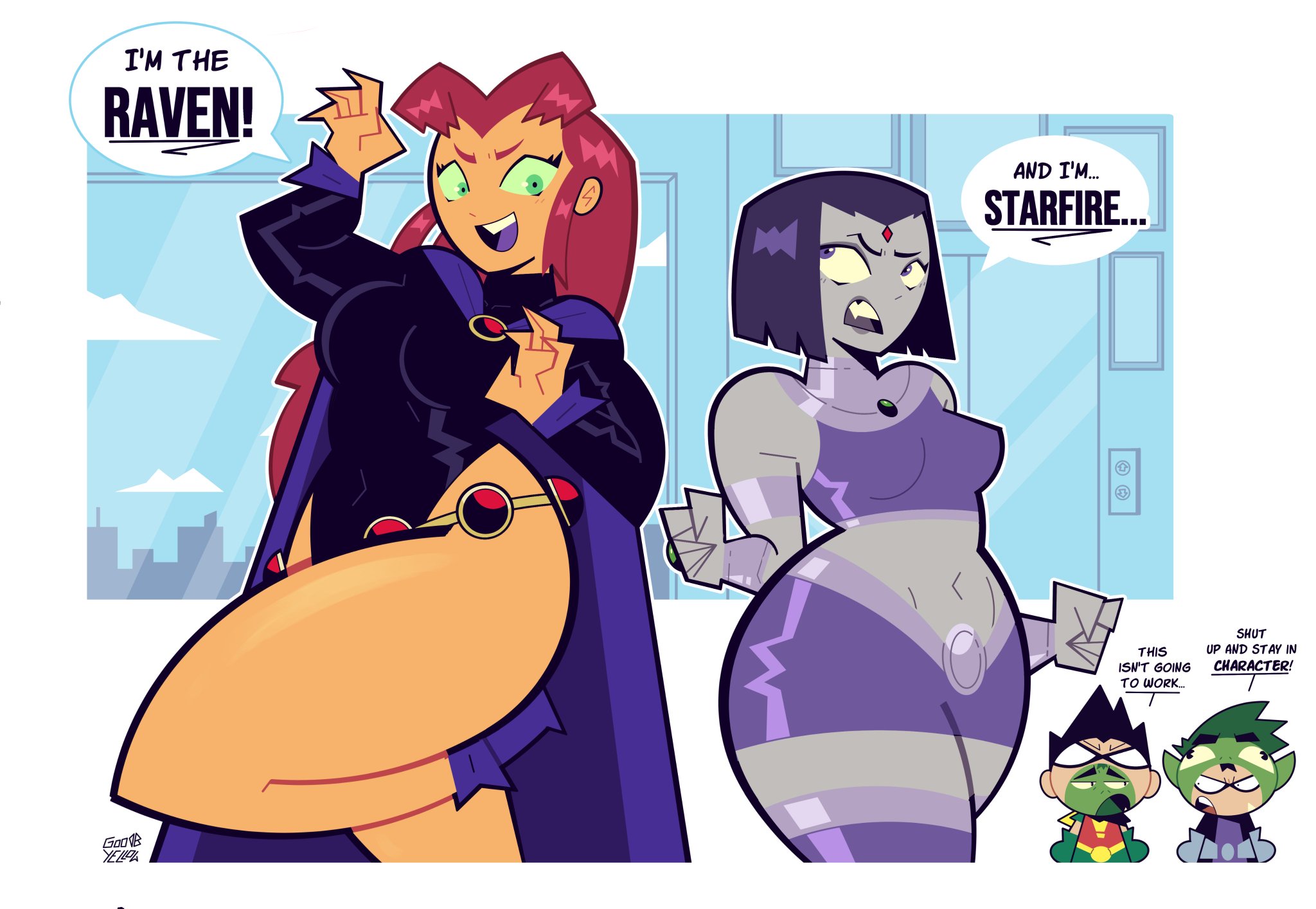 beast boy, dc, dc comics, female, goodbyellow, hellavenderr, male, outfit swap, raven (cosplay), raven (dc), robin (dc), starfire, starfire (cosplay), tagme, teen titans