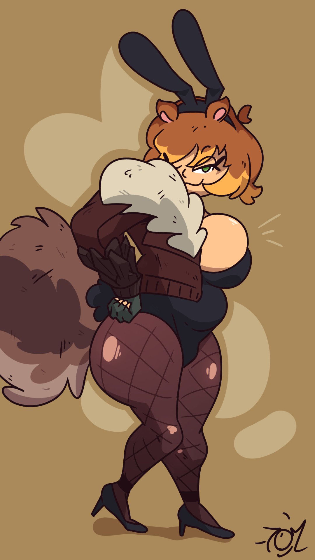 1girls artist_signature bb_happyhour boobs breasts bunny_ears bunny_tail eyelashes fingerless_gloves fishnet_stockings fishnets gloves green_eyes jacket kemonomimi leotard long_sleeves playboy_bunny short_hair sideboob simple_background squirrel_ears squirrel_girl_(marvel) squirrel_girl_(marvel_rivals) squirrel_tail stockings