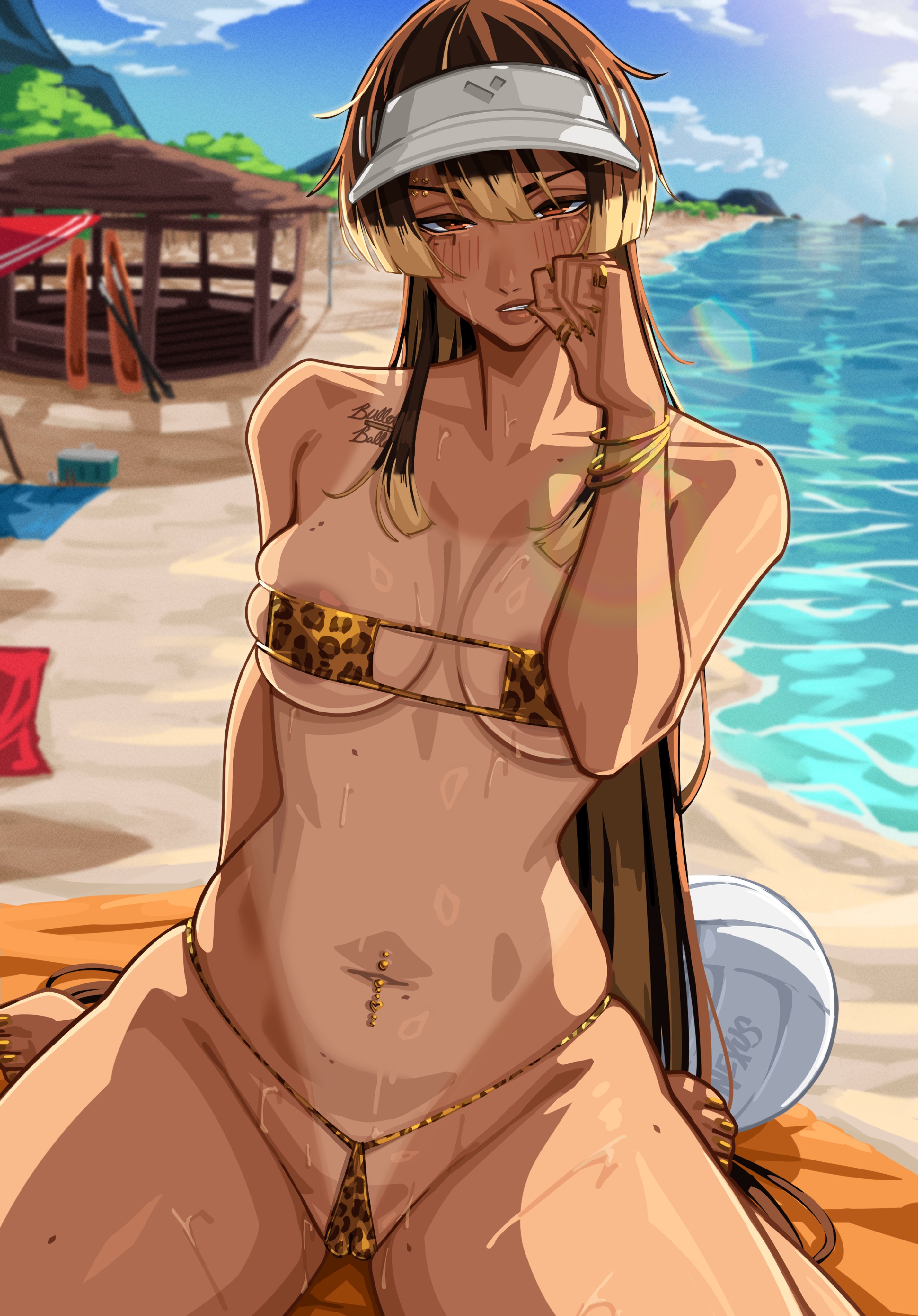 1girls, 2026, absurd res, alecto 0, areola slip, beach, bikini, blonde highlights, blush, breasts, brown hair, detailed background, eyepatch bikini, female, female only, highlights (coloring), leopard print, leopard print bikini, long hair, looking at viewer, mole, moles, narrowed eyes, navel piercing, orange eyes, original, original character, seaside, sitting, solo, swimsuit tan, tan body, tan skin, thick thighs