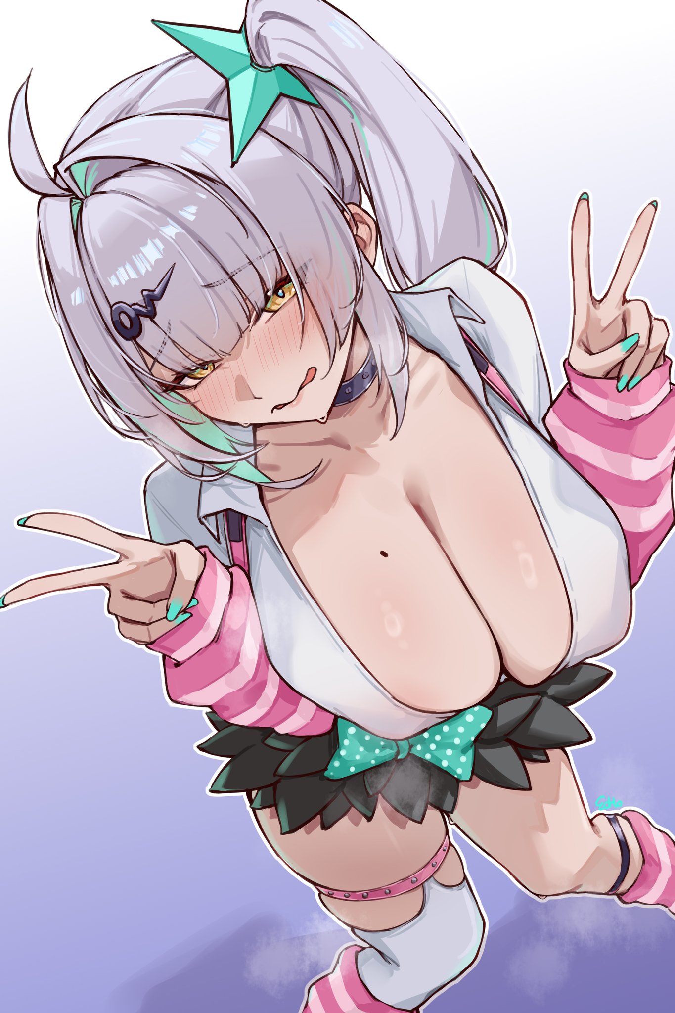 1girls, angels of delusion, big breasts, breasts, breasts out, colored nails, cosplay, e.c.ho, embarrassed, embarrassed female, exposed breasts, female, large breasts, long hair, long nails, mole, mole on breast, painted nails, sunna (zenless zone zero) (cosplay), teal nails, too old for this, white hair, yellow eyes, yixuan (zenless zone zero), zenless zone zero