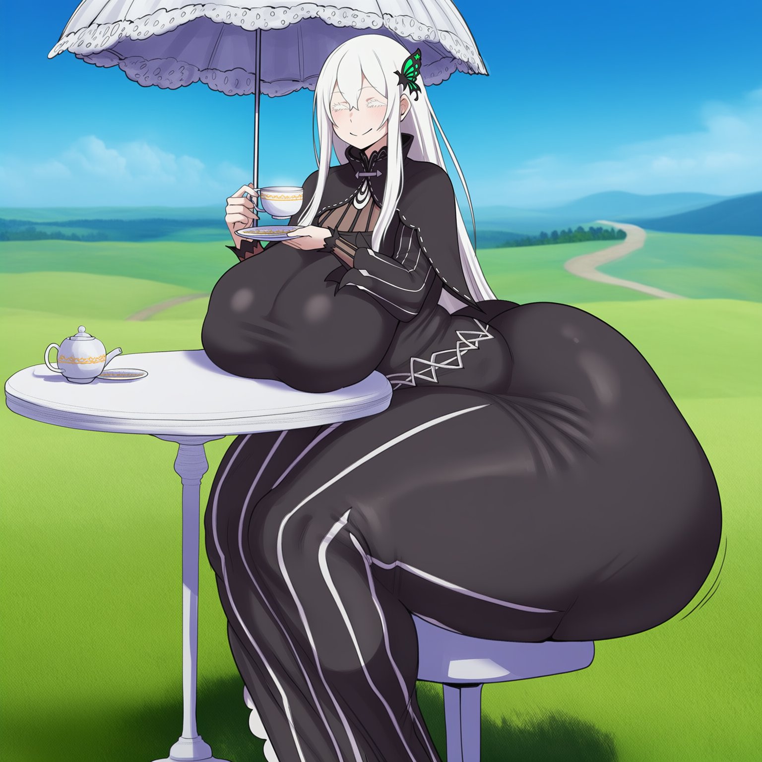 1girls, 2d, ai generated, ass, big ass, big breasts, big butt, big thighs, black dress, blue sky, breast rest, breasts, breasts on table, bubble butt, butt, butterfly hair ornament, closed eyes, cloud, colored eyelashes, cup, curvy, day, dress, echidna (re:zero), female, female only, gigantic ass, gigantic breasts, gigantic butt, gigigens, grass, hair between eyes, hair ornament, holding, holding cup, huge ass, huge breasts, huge butt, huge thighs, large ass, large breasts, large butt, large thighs, long dress, long hair, massive ass, massive butt, outdoors, parasol, re:zero kara hajimeru isekai seikatsu, sitting, sky, smile, solo, solo female, steam, striped dress, table, tea, tea cup, teacup, teapot, thick ass, thick butt, thick thighs, thighs, umbrella, vertical-striped dress, very long hair, white hair, wide hips