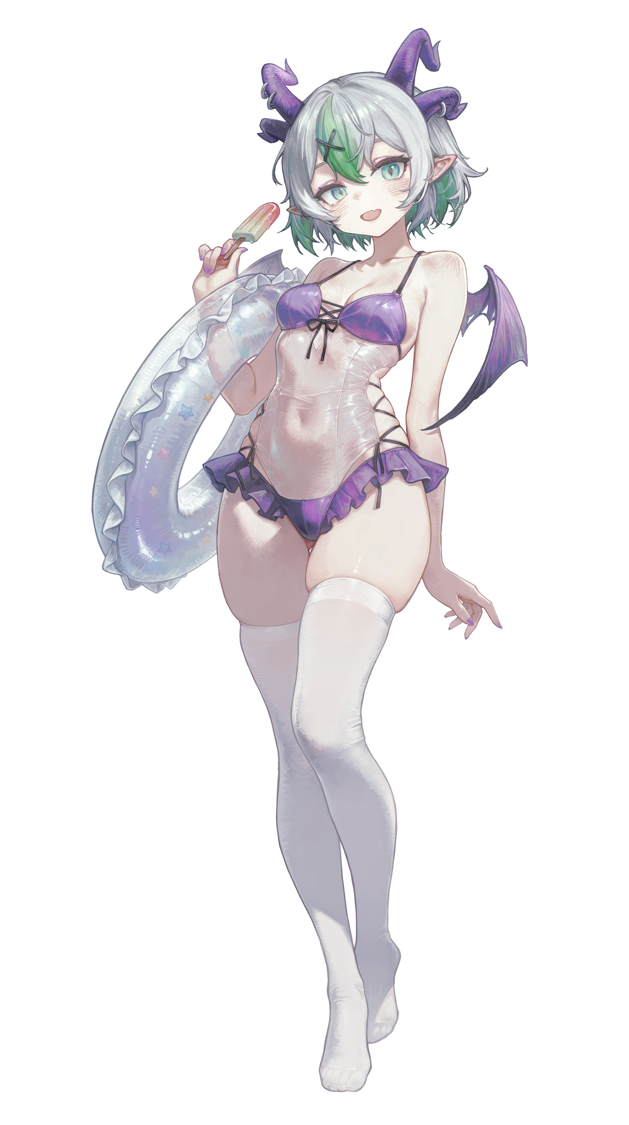 1girls, artist request, ass visible through thighs, bare shoulders, bikini, bikini bottom, bikini top, blush, breasts, cleavage, covered navel, demon horns, demon wings, female, flesh fang, frilled bikini, frills, froot, green eyes, green hair, grey hair, holding object, holding popsicle, holding swim ring, horn piercing, horns, indie virtual youtuber, looking at viewer, lowleg, lowleg bikini, medium breasts, multicolored hair, nail polish, navel, navel visible through clothes, open mouth, painted nails, pale skin, pale-skinned female, pointy ears, popsicle, purple nails, see-through, see-through clothing, see-through swimsuit, short hair, side cutout, skindentation, slim waist, small breasts, smile, smiling at viewer, solo, swim ring, thick thighs, thigh squish, thighhighs, tight clothing, toes, toes visible through clothing, tongue, virtual youtuber, vtuber, white background, wide hips, wings, x hair ornament