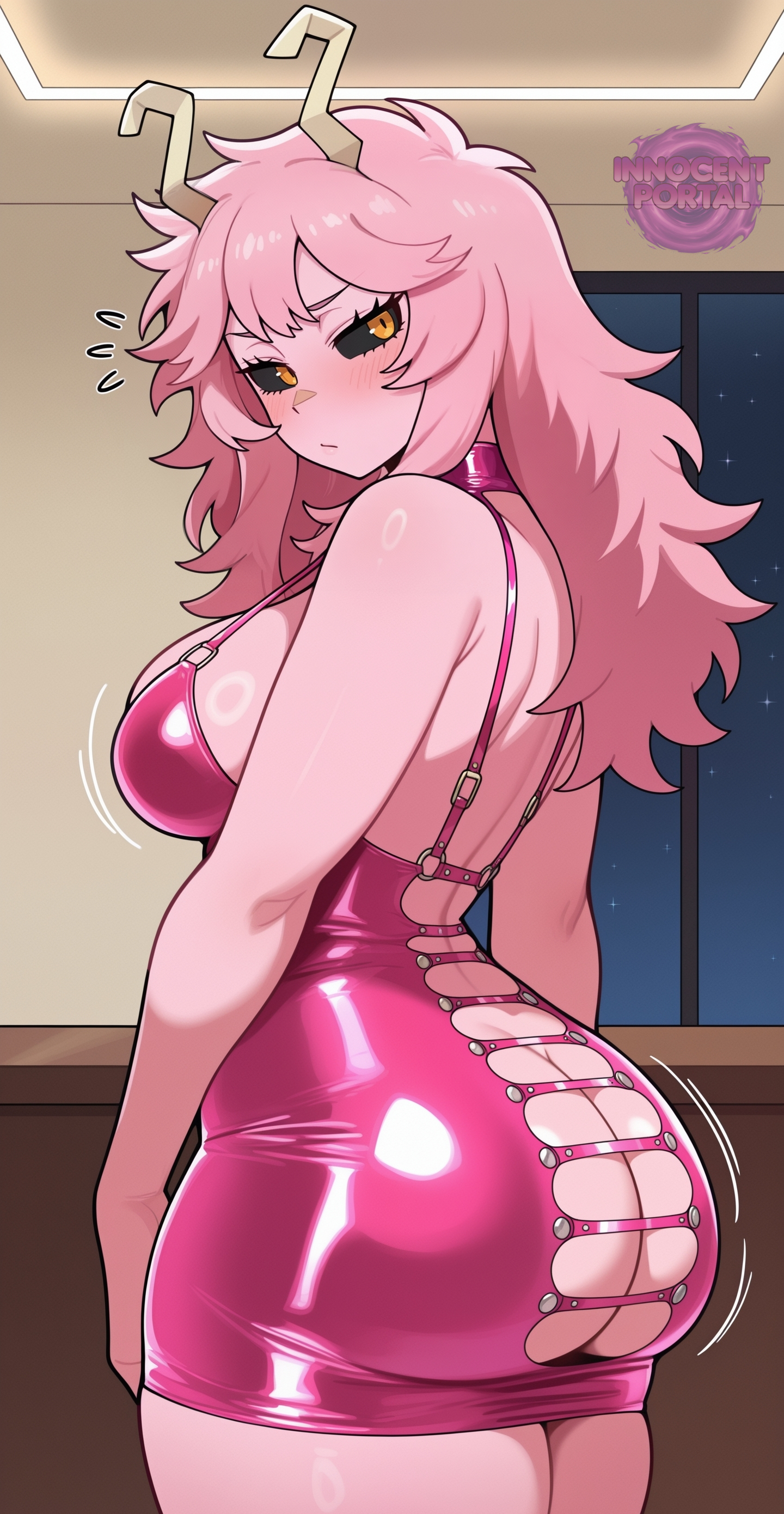 1girl, 1girls, ai generated, antennae, antennae (anatomy), ashido mina, ashido mina time-skip, ass, ass cheeks, big ass, big ass (female), big breasts, black sclera, blush, blush lines, blushing, blushing at viewer, boku no hero academia, boku no hero academia (finale), booty, breasts, curvy, curvy body, curvy female, curvy figure, female, female focus, female only, indoors, jorgecarlosai, latex, latex dress, long hair, looking at viewer, looking back, mina ashido, mina ashido time-skip, my hero academia, my hero academia (finale), pink dress, pink hair, pink latex, pink skin, pink-haired female, pinky (mha), rear view, revealing clothes, sexy, sexy body, sexy female, shy, sideboob, taut dress, visible ass, watermark, yellow eyes