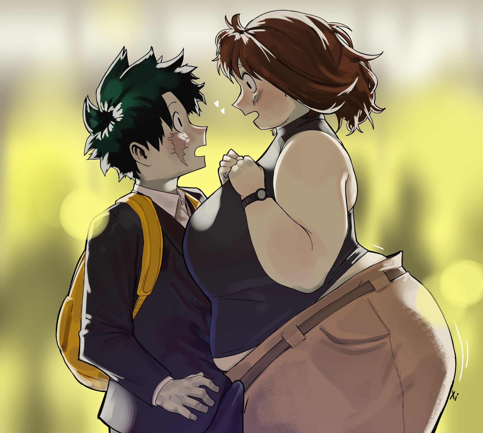 aged up, alternate body type, artist request, back view, bbw, belly, big ass, big breasts, big hips, big thighs, blush, brown hair, canon couple, chubby, chubby female, fat, fat ass, gigantic ass, huge ass, huge hips, huge thighs, izuku midoriya, looking back, my hero academia, my hero academia (finale), ochako uraraka, post-timeskip, source request, thick thighs, voluptuous, wide hips