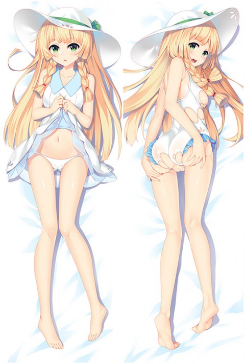 1girls, areola, ass, back, barefoot, bed, belly, blonde hair, blush, braids, breasts, breasts out, dakimakura, dakimakura design, dress, erect nipples, feet, female, female only, green eyes, hand on ass, hat, human, knees together, lillie (pokemon), long hair, midriff, navel, nintendo, nipples, on back, on bed, open mouth, panties, pokemon, pokemon sm, pussy, shirt lift, sideboob, slender legs, soles, solo, swimsuit, thighs, toes, tongue, torn clothes