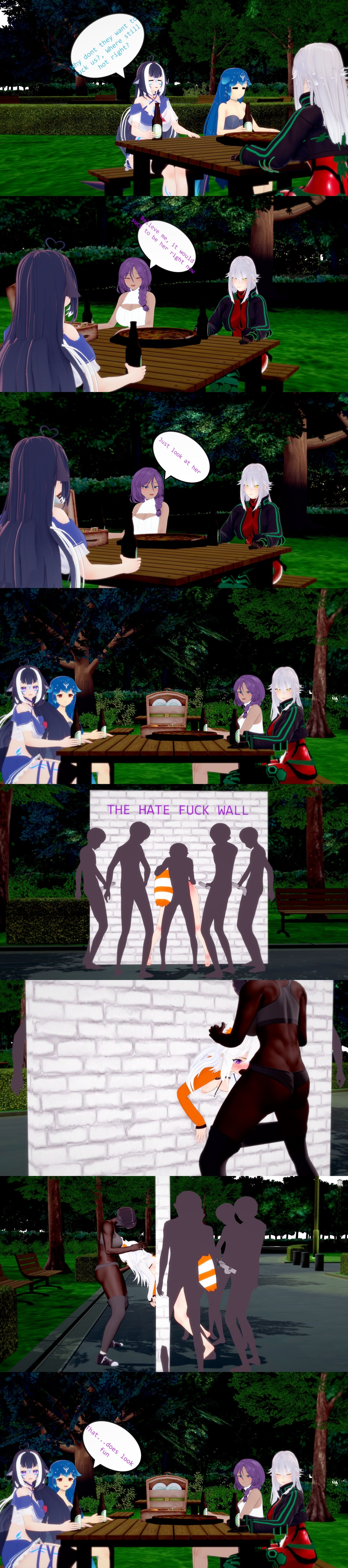 3d, 3d (artwork), ambiguous penetration, anonymous male, bao (vtuber), black woman, cha cha (vtuber), comic strip, covered in cum, crowd, crowd watching, demenishki, fellatio, futanari, futanari on female, hate fuck, hate sex, heart-shaped pupils, indie virtual youtuber, indie vtuber, koikatsu, koikatsu (medium), large breasts, masturbating, masturbation, mordred23, public, public humiliation, public sex, shylily, stuck, stuck in wall, virtual youtuber, vtuber, zentreya, zentreya (cyborg)