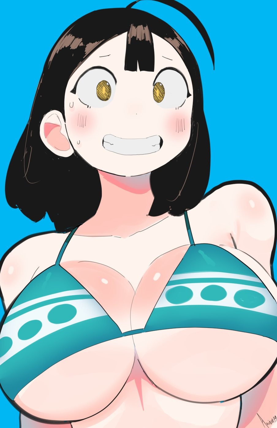 1girl 1girls ahoge akisas99 background bare_arms bare_chest bare_midriff bare_shoulders bare_skin big_boobs big_breasts bikini bikini_only bikini_top black-haired_female black_hair blue_background blue_bikini blue_bikini_top blue_swimsuit blue_swimwear breasts busty busty_female busty_girl dark_hair exposed_arms exposed_chest exposed_midriff exposed_shoulders exposed_skin grin grinning grinning_at_viewer halterneck inframammary_fold large_boobs large_breasts monotone_background nervous nervous_expression nervous_face nervous_female nervous_smile oc one_color_background original original_art original_artwork original_character original_female_character parted_lips plain_background shy shy_expression shy_female shy_girl shy_smile smile smiley_face smiling smiling_at_viewer solid_color_background string_bikini striped_bikini striped_bikini_top striped_swimsuit striped_swimwear swimsuit swimwear white_bikini white_bikini_top white_swimsuit white_swimwear yellow-eyed_female yellow_eyes