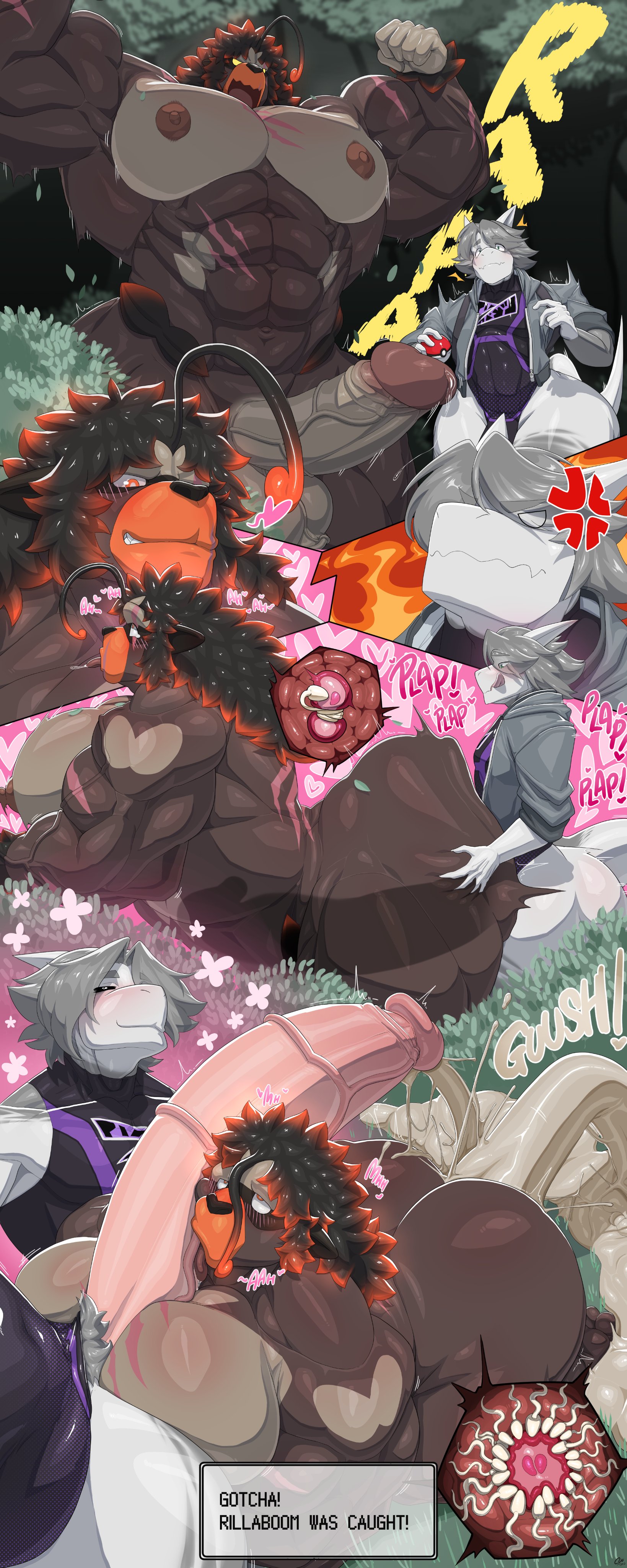 anthro, ass, big ass, blush, blushing, charcoalwaffle26, cum, excessive cum, furry, hyper, hyper penis, muscles, muscular, pecs, pokemon, pokemon (species), rillaboom