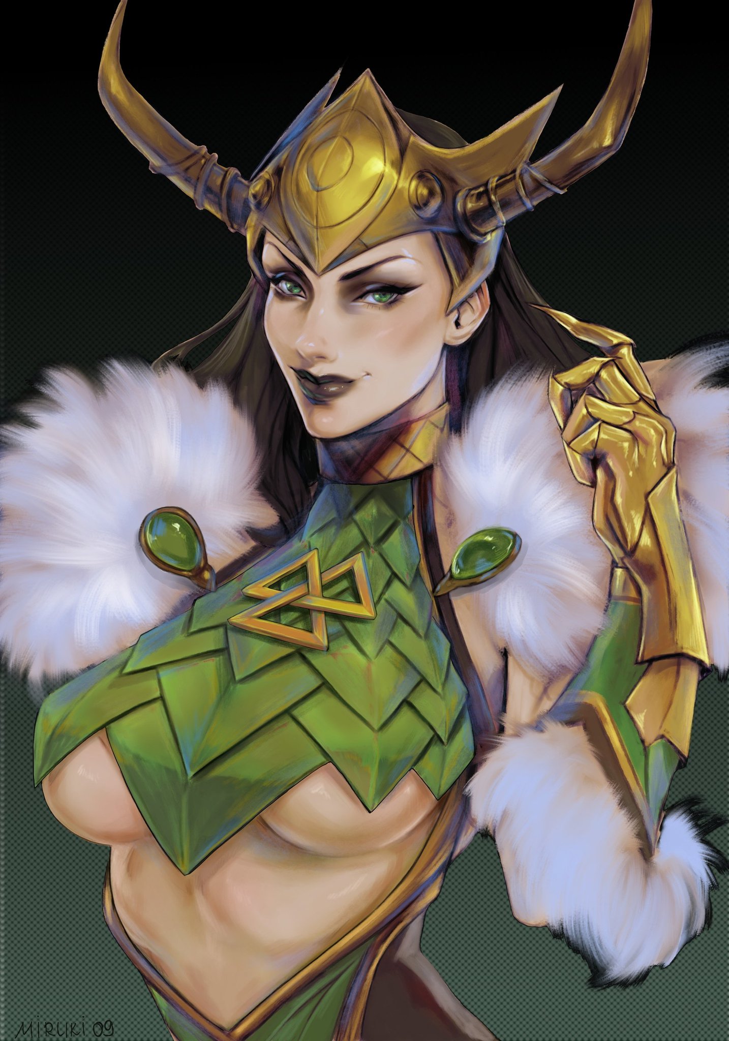 2d, black hair, black lipstick, breasts, clothed, dara miruki, female, female only, fully clothed, genderswap, genderswap (mtf), lady loki, lady loki (marvel rivals), loki (marvel rivals), loki (marvel), marvel, marvel rivals, miruki09, pretty, pretty face, ribs, solo, solo female, thor (series), underboob