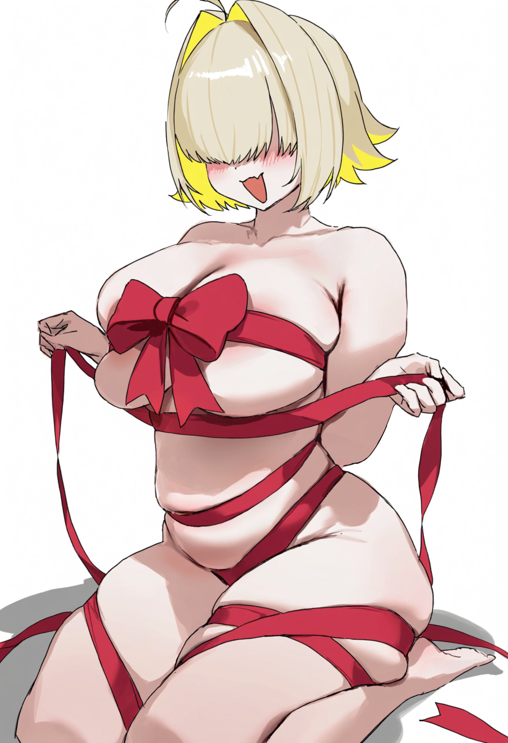 big breasts, big thighs, blush, bow ribbon, breasts, chubby, covered eyes, covered nipples, elegg (nikke), goddess of victory: nikke, hair over eyes, ribbon, smile, tagme, thick, thick thighs, tied up, yassaimono
