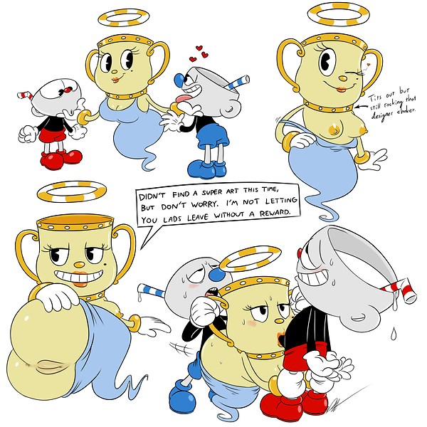 1girls 2boys ambiguous_penetration anus blush breasts clothing comic cuphead cuphead:_the_delicious_last_course cuphead_(game) double_bun female footwear handwear heart legendary_chalice male mole ms._chalice mugman oral oral_sex presenting presenting_hindquarters pussy sex spitroast text threesome timoteihiv